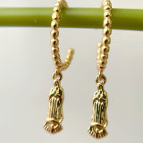 Gold Beaded Hoop Earrings With Virgin Mary pendant