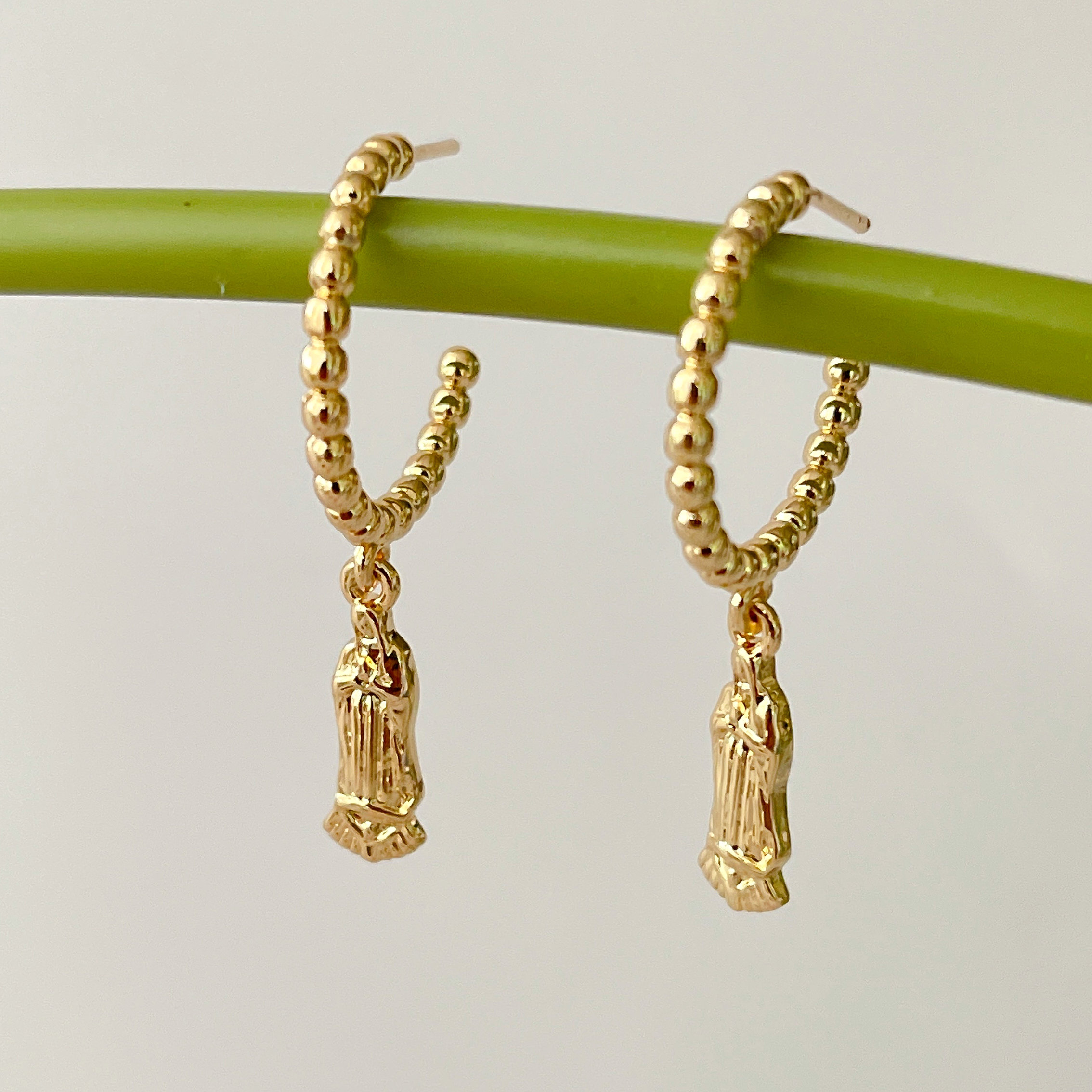 Gold Beaded Hoop Earrings With Virgin Mary pendant