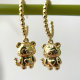 Gold Beaded Hoop Earrings With Tiger pendant