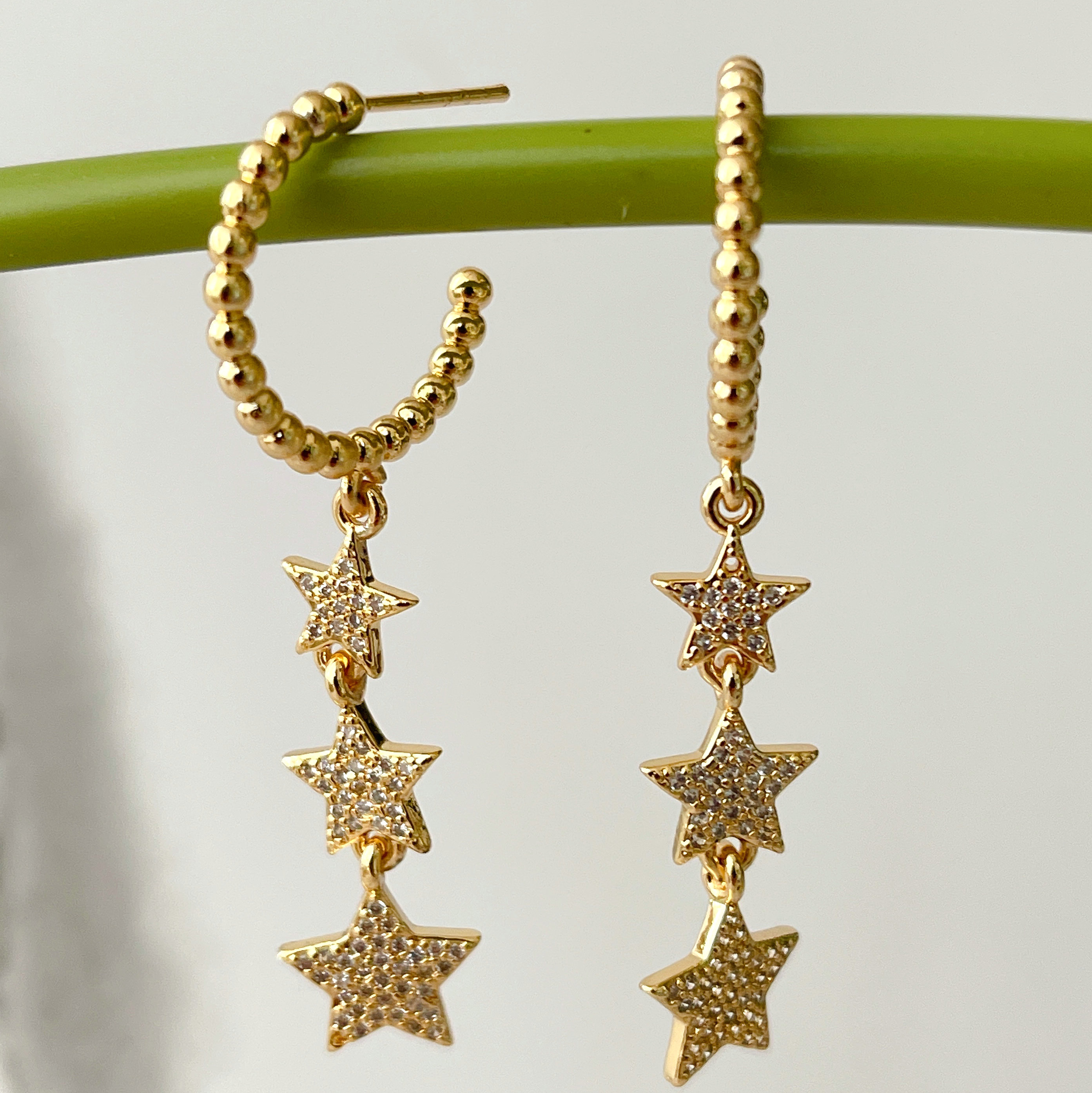 Gold Beaded Hoop Earrings With Long Star pendant