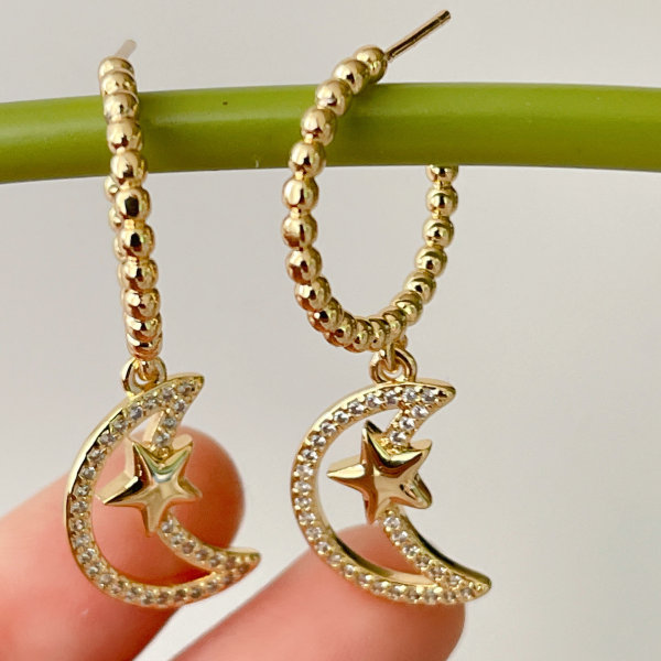 Gold Beaded Hoop Earrings With Moon pendant