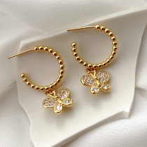 Gold Beaded Hoop Earrings With Butterfly Pendant