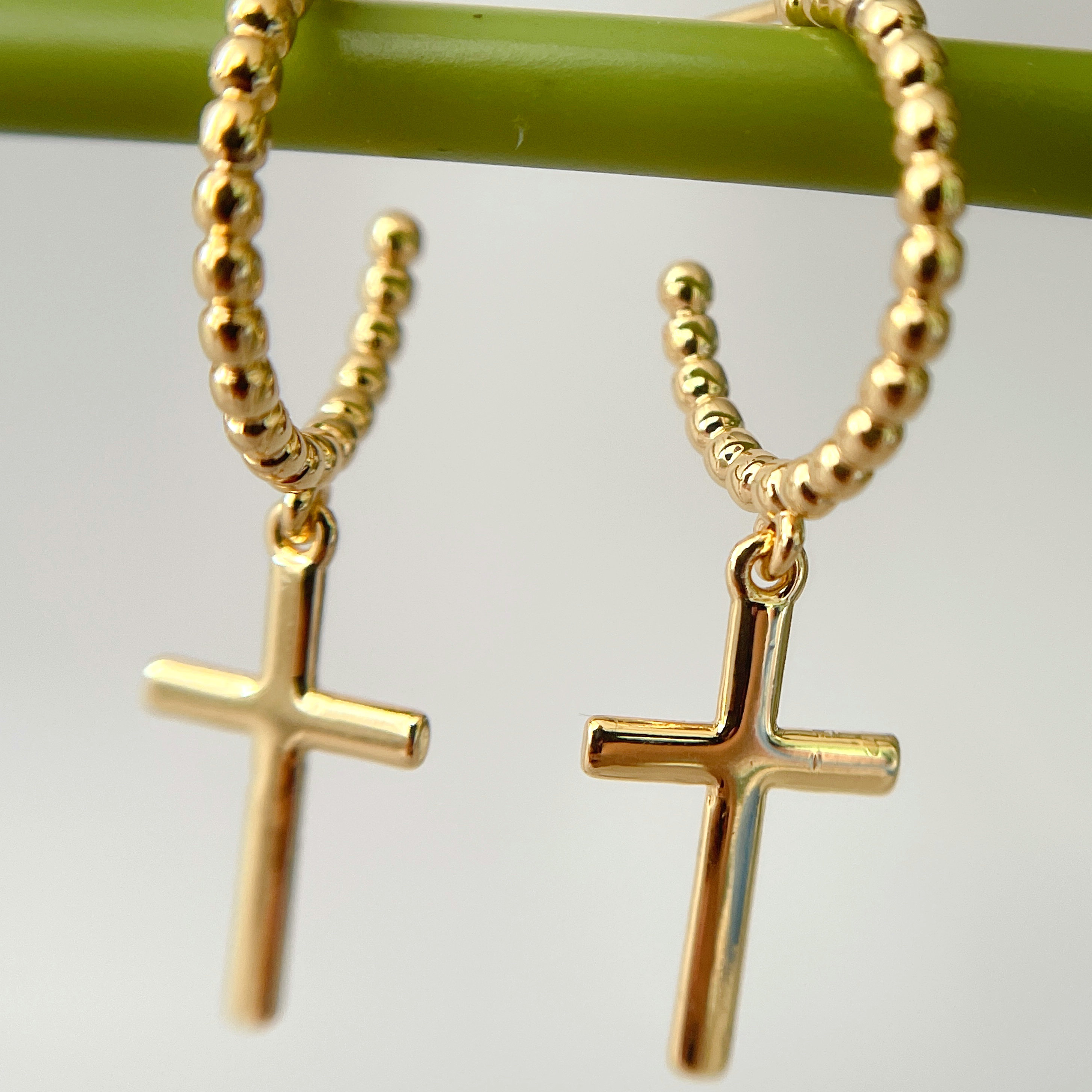 Gold Beaded Hoop Earrings With Cross pendant