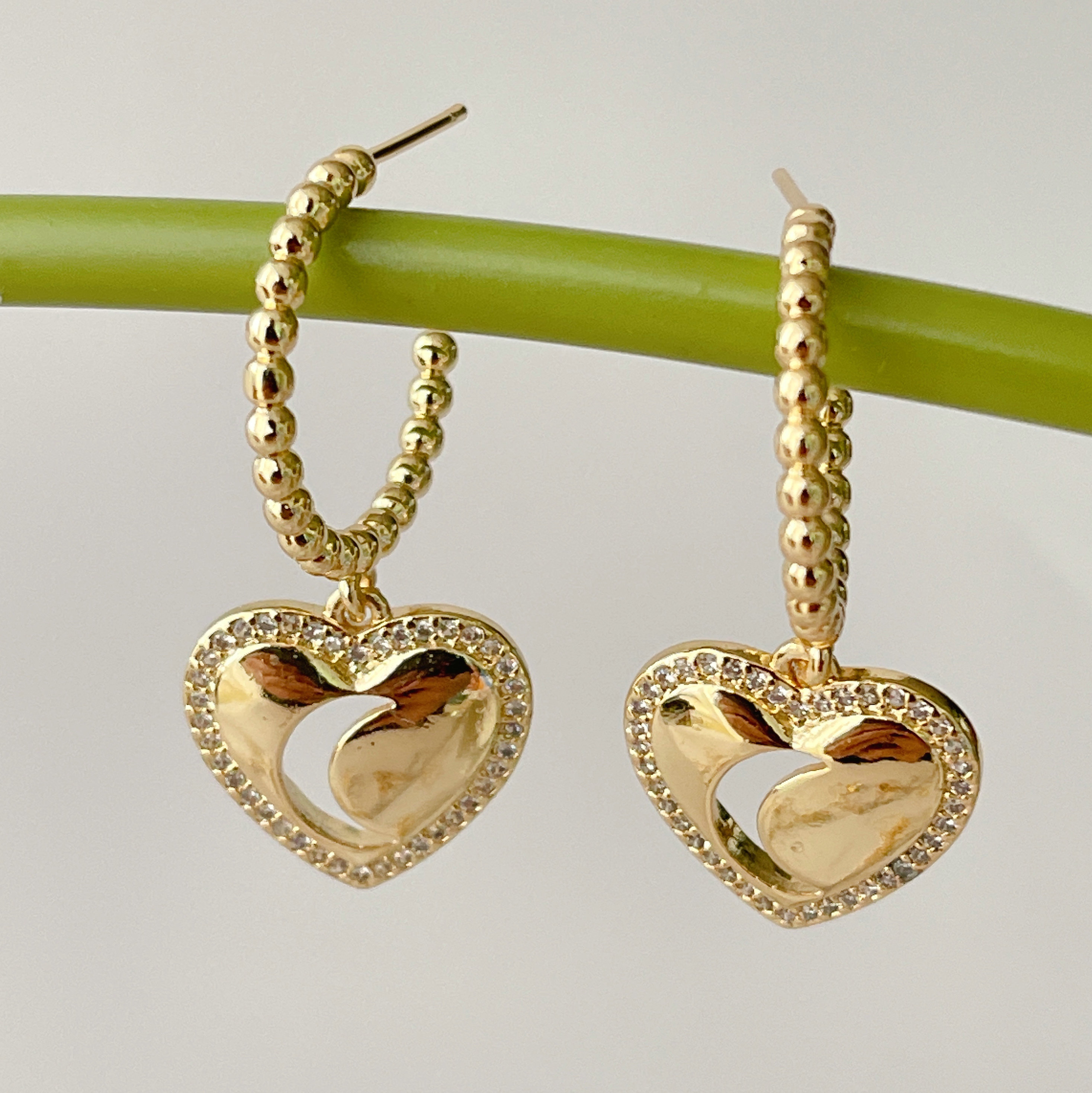 Gold Beaded Hoop Earrings With Heart Moon pendant