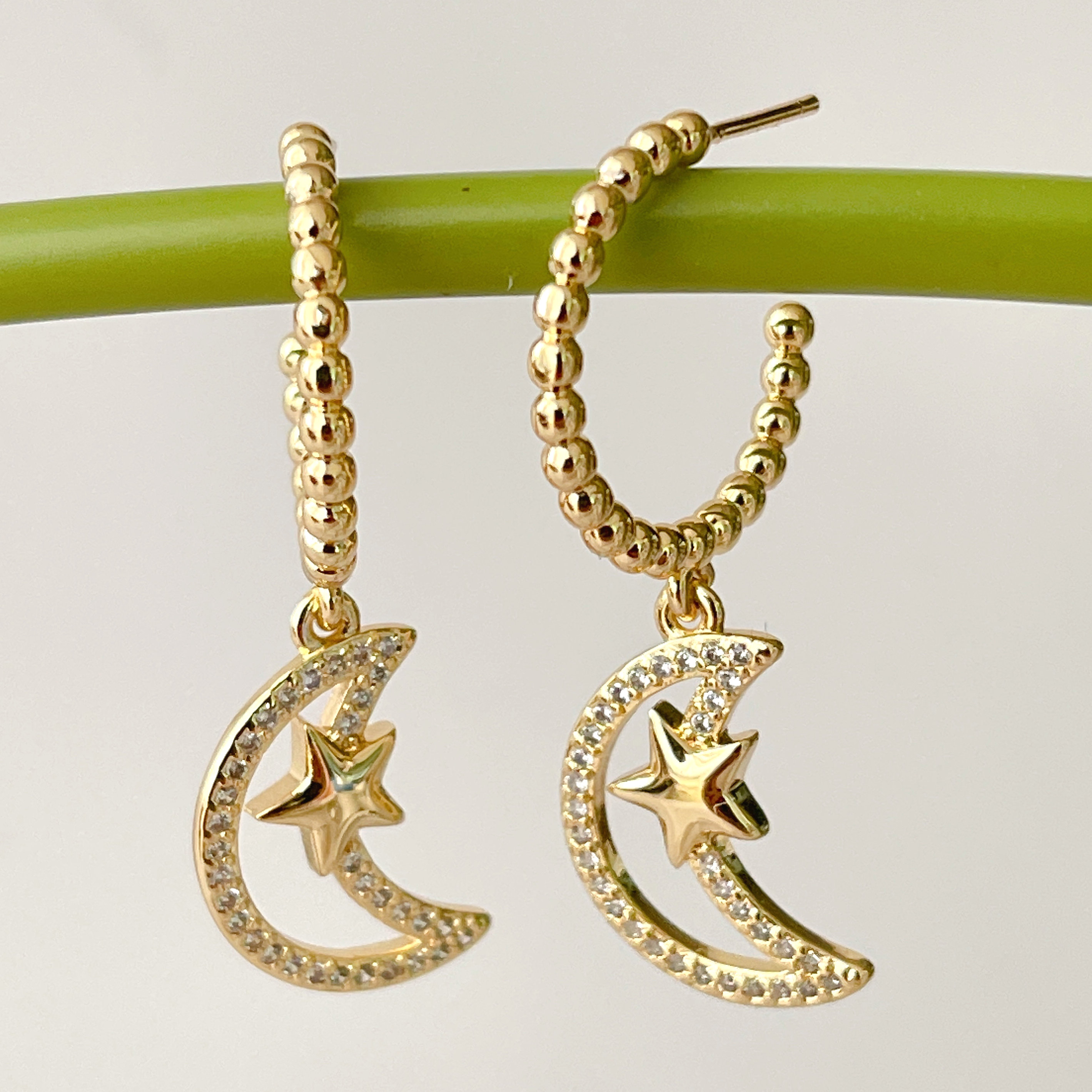 Gold Beaded Hoop Earrings With Moon pendant