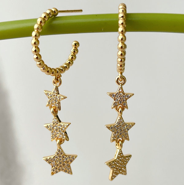 Gold Beaded Hoop Earrings With Long Star pendant