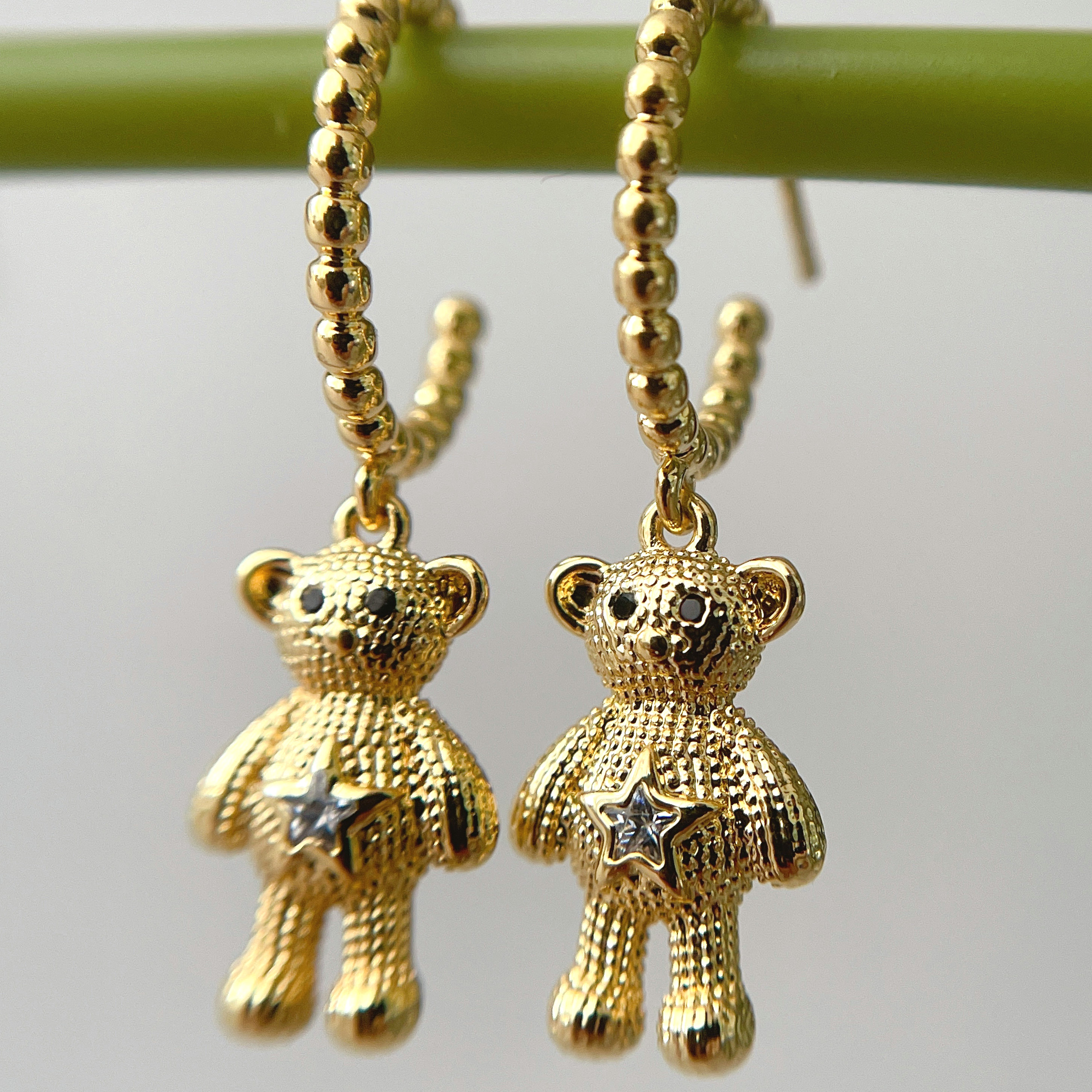 Gold Beaded Hoop Earrings With Bear pendant