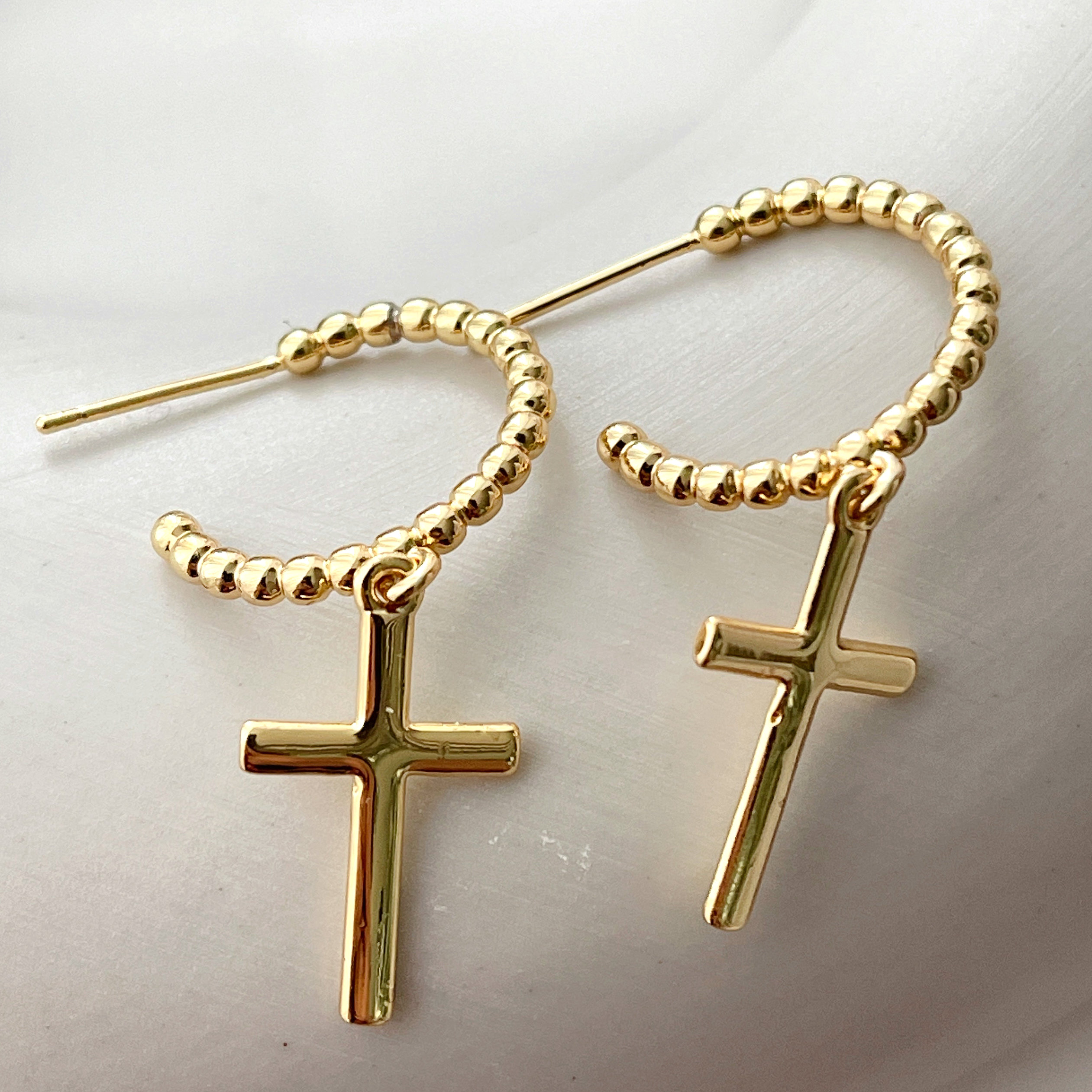 Gold Beaded Hoop Earrings With Cross pendant