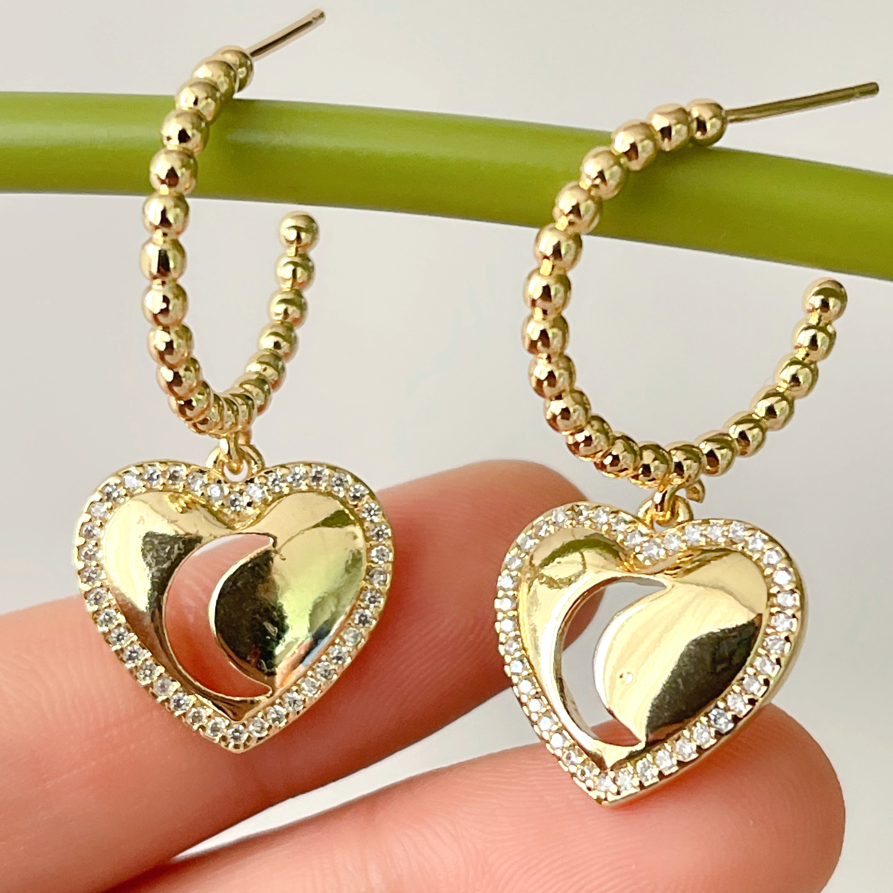 Gold Beaded Hoop Earrings With Heart Moon pendant