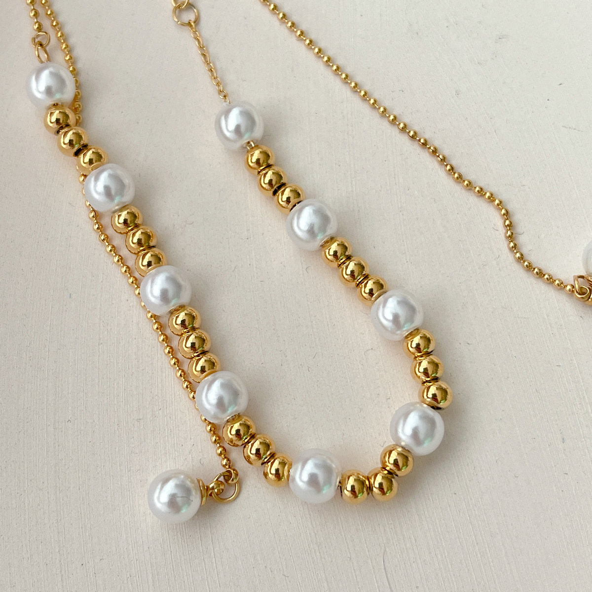 Stainless Steel Adjustable Pearl And Gold Ball Necklace