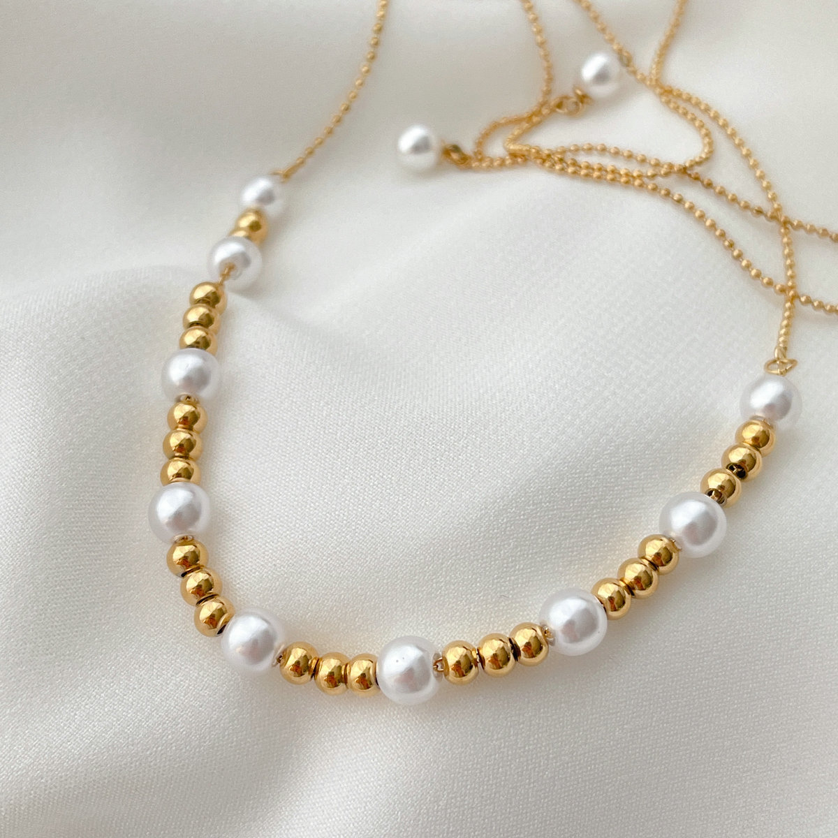 Stainless Steel Adjustable Pearl And Gold Ball Necklace