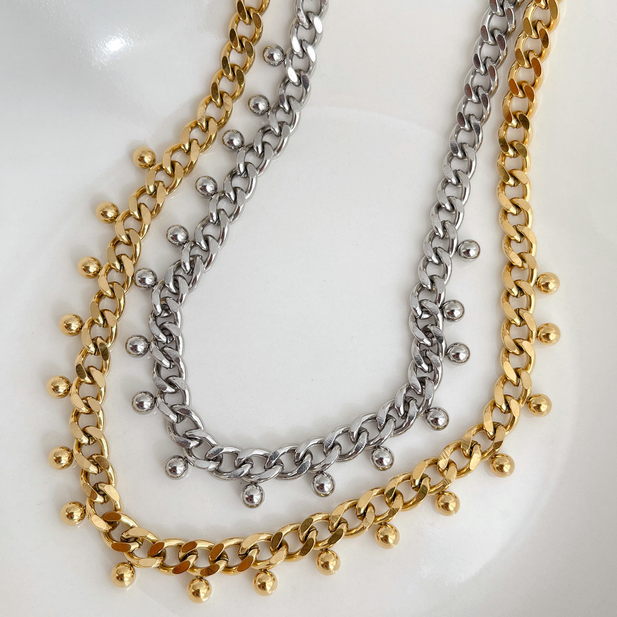 Stainless Steel Gold Ball Charm Cuban Necklace