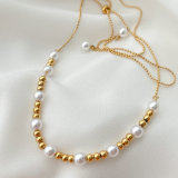 Stainless Steel Adjustable Pearl And Gold Ball Necklace