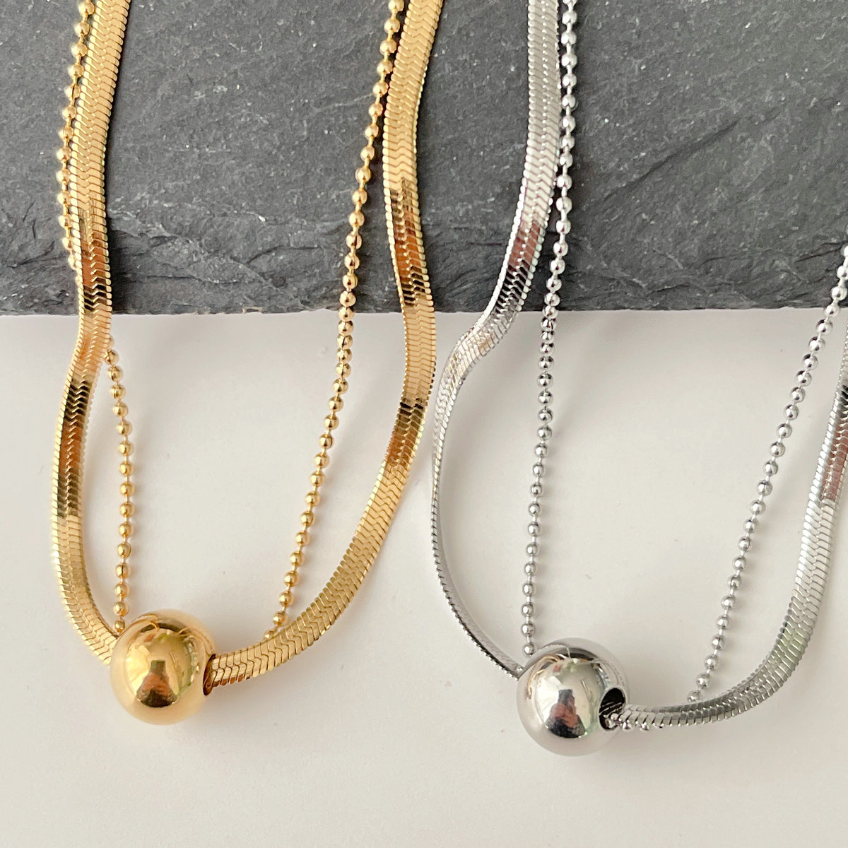 Stainless Steel Two Chain Ball Necklace