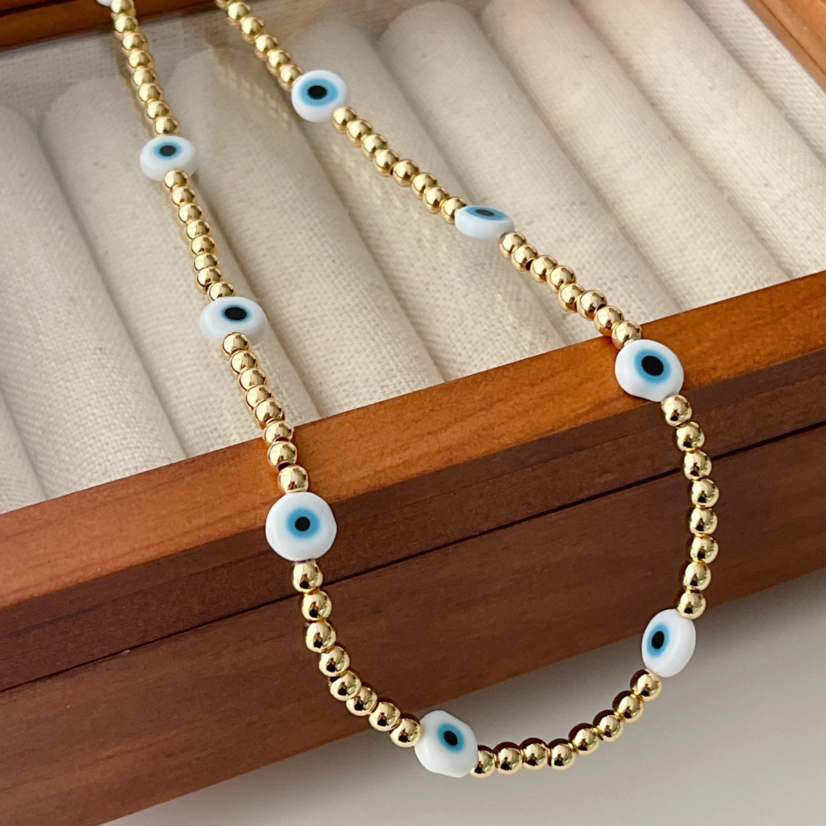 White Glass Eye Brass Beaded Necklace