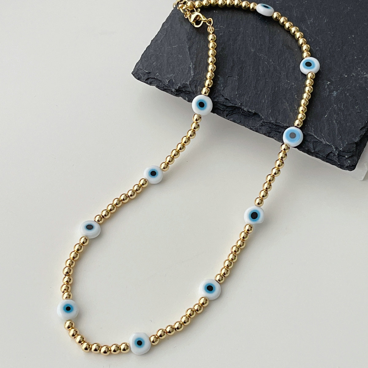 White Glass Eye Brass Beaded Necklace