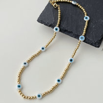 White Glass Eye Brass Beaded Necklace