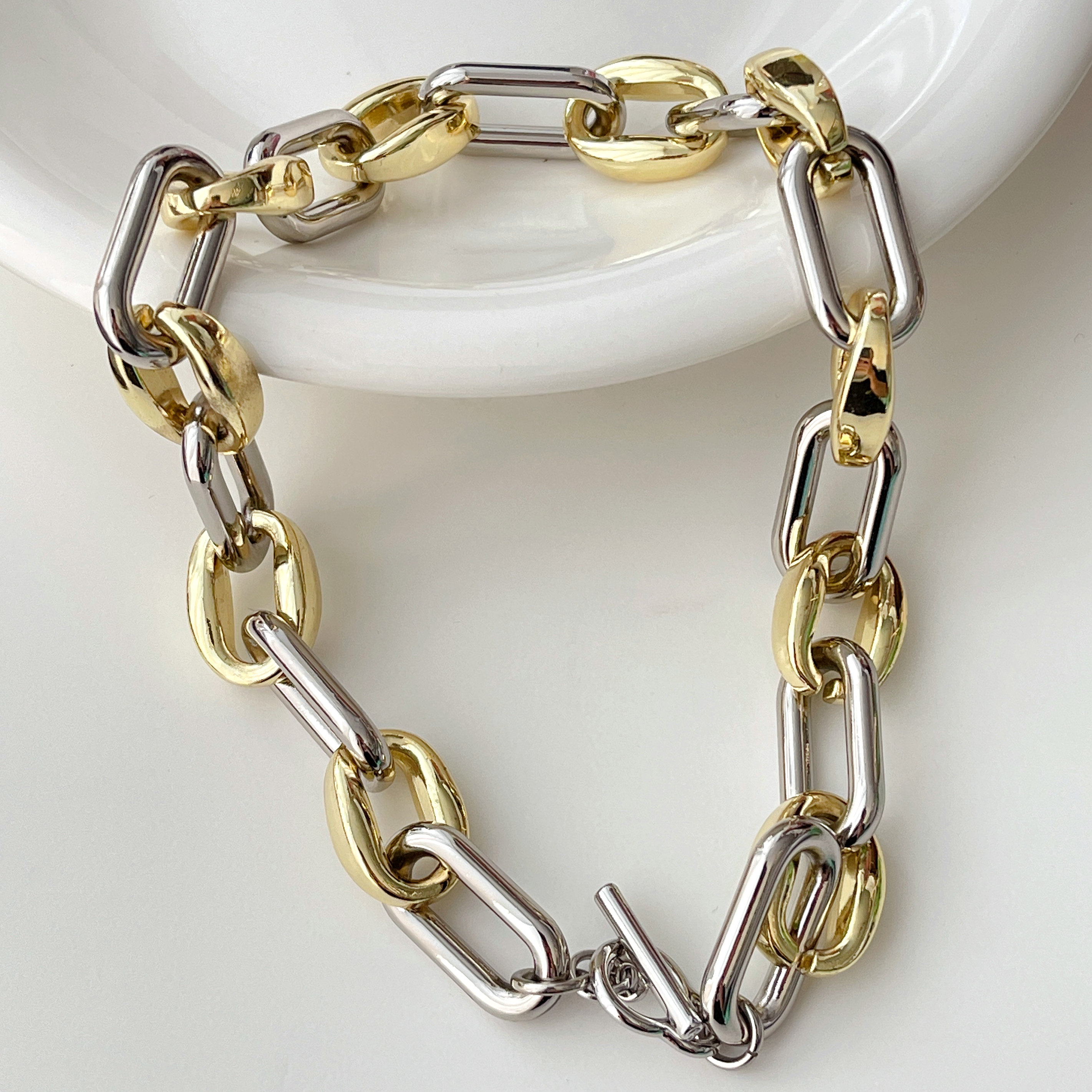 Copy 18K Gold Plated High Quality Two Color Chunky Chain Necklace 16inch