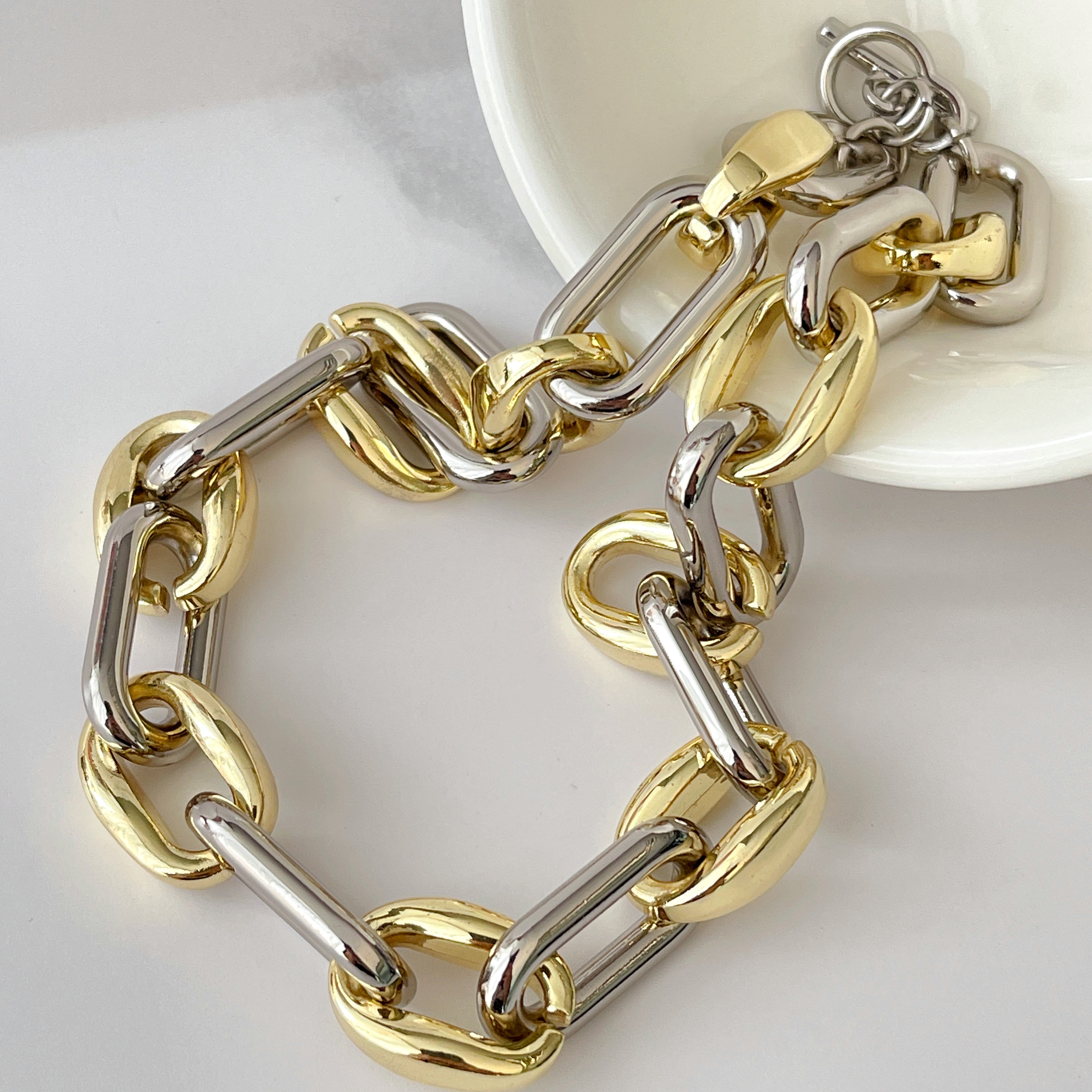 Copy 18K Gold Plated High Quality Two Color Chunky Chain Necklace 16inch