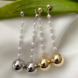 Long Pearl Chain Earring With Gold Ball