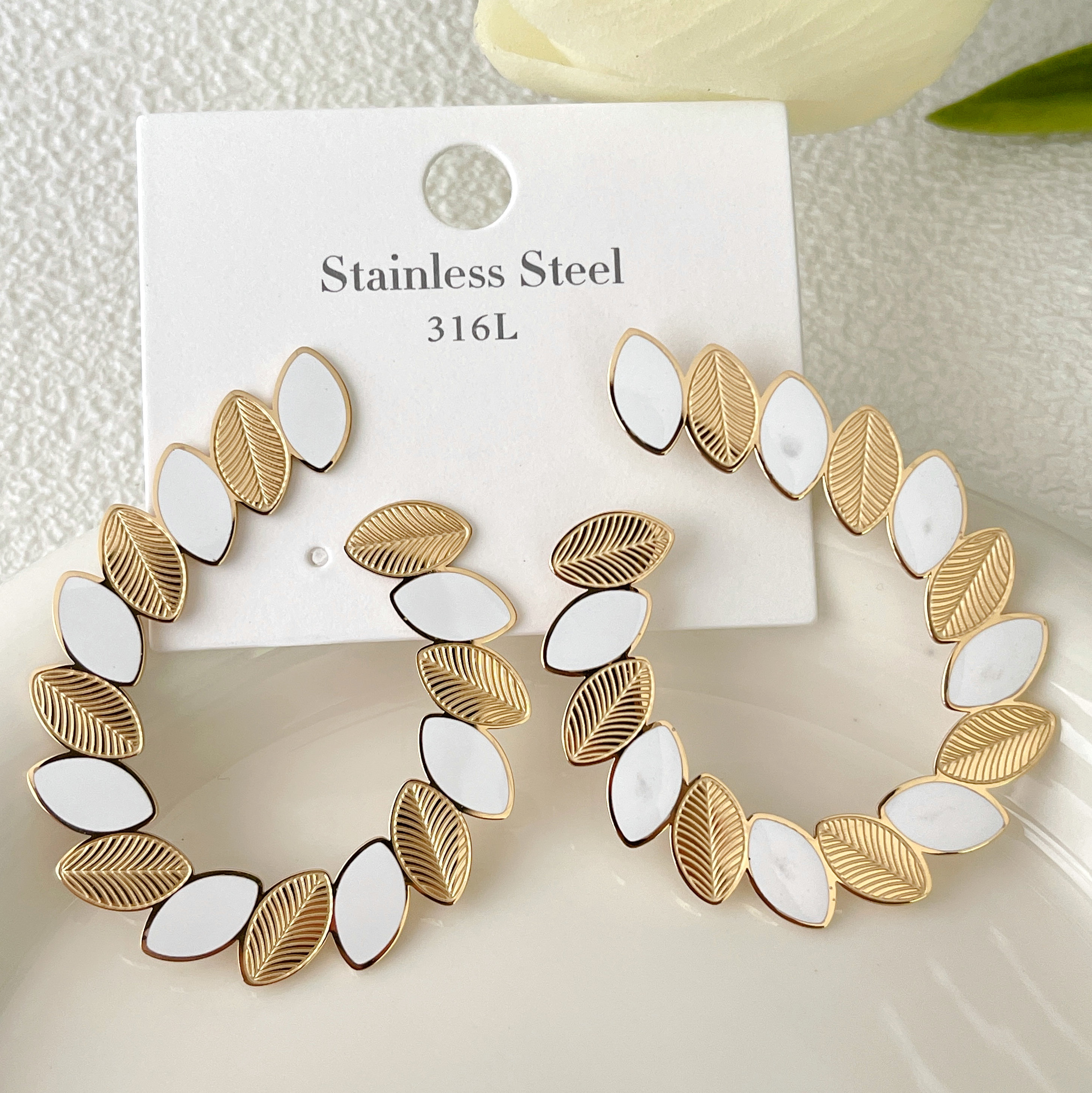 Stainless Steel White Leaf Earrings