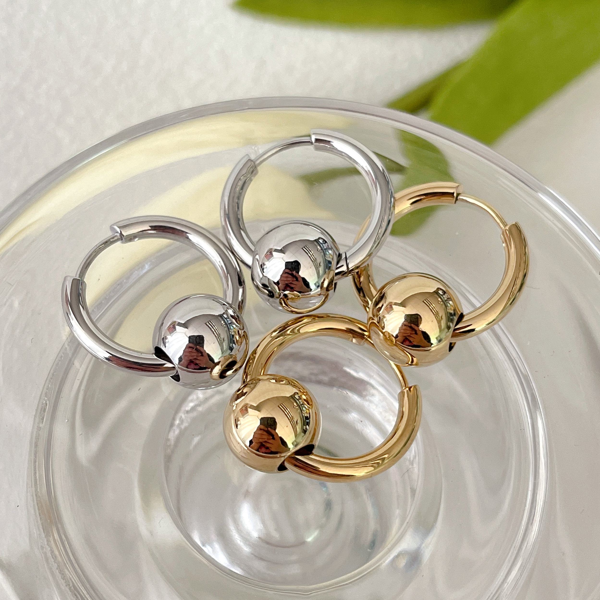 Stainless Steel Gold Ball Hoop Earrings