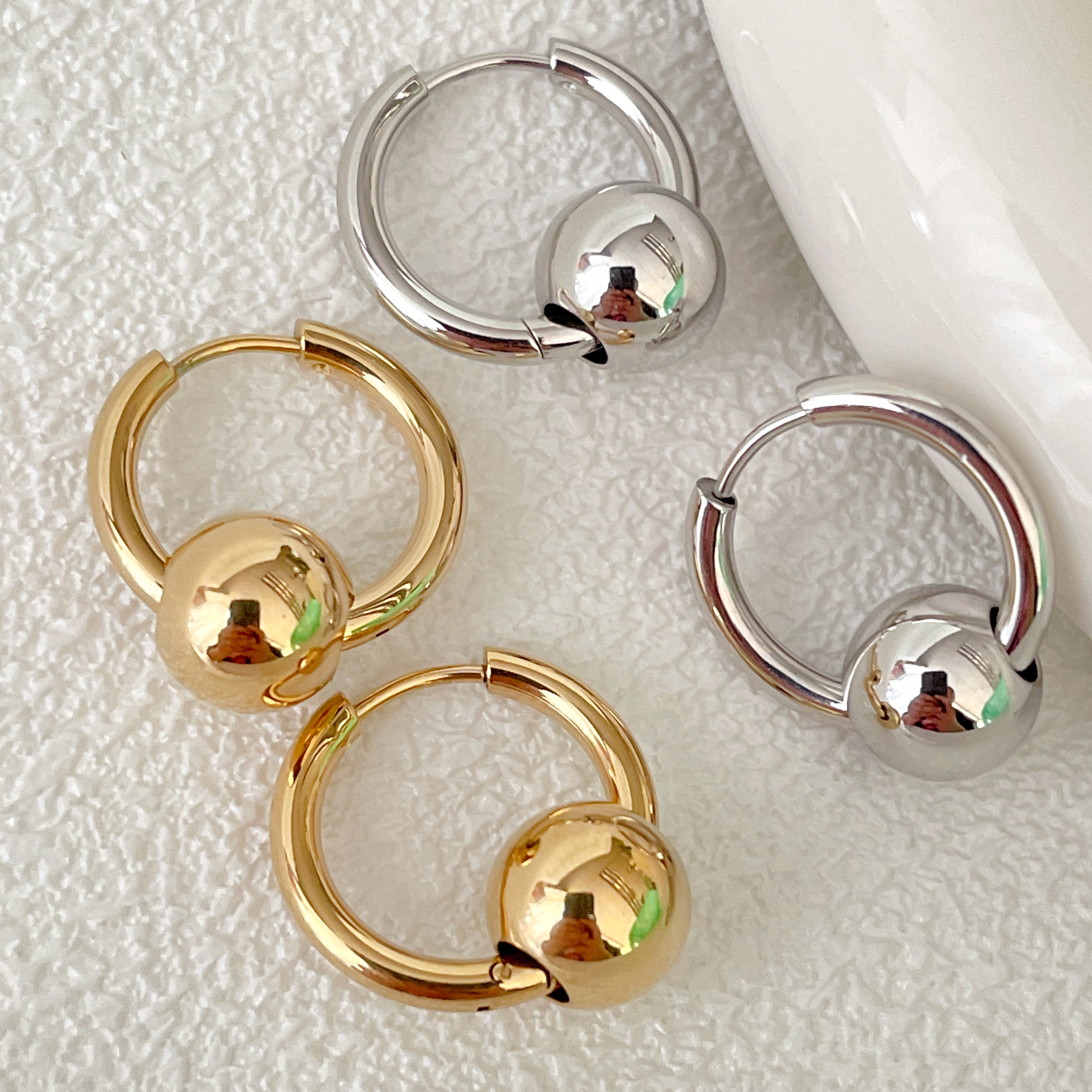 Stainless Steel Gold Ball Hoop Earrings