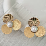 Stainless Steel White Pearl Flower Earrings