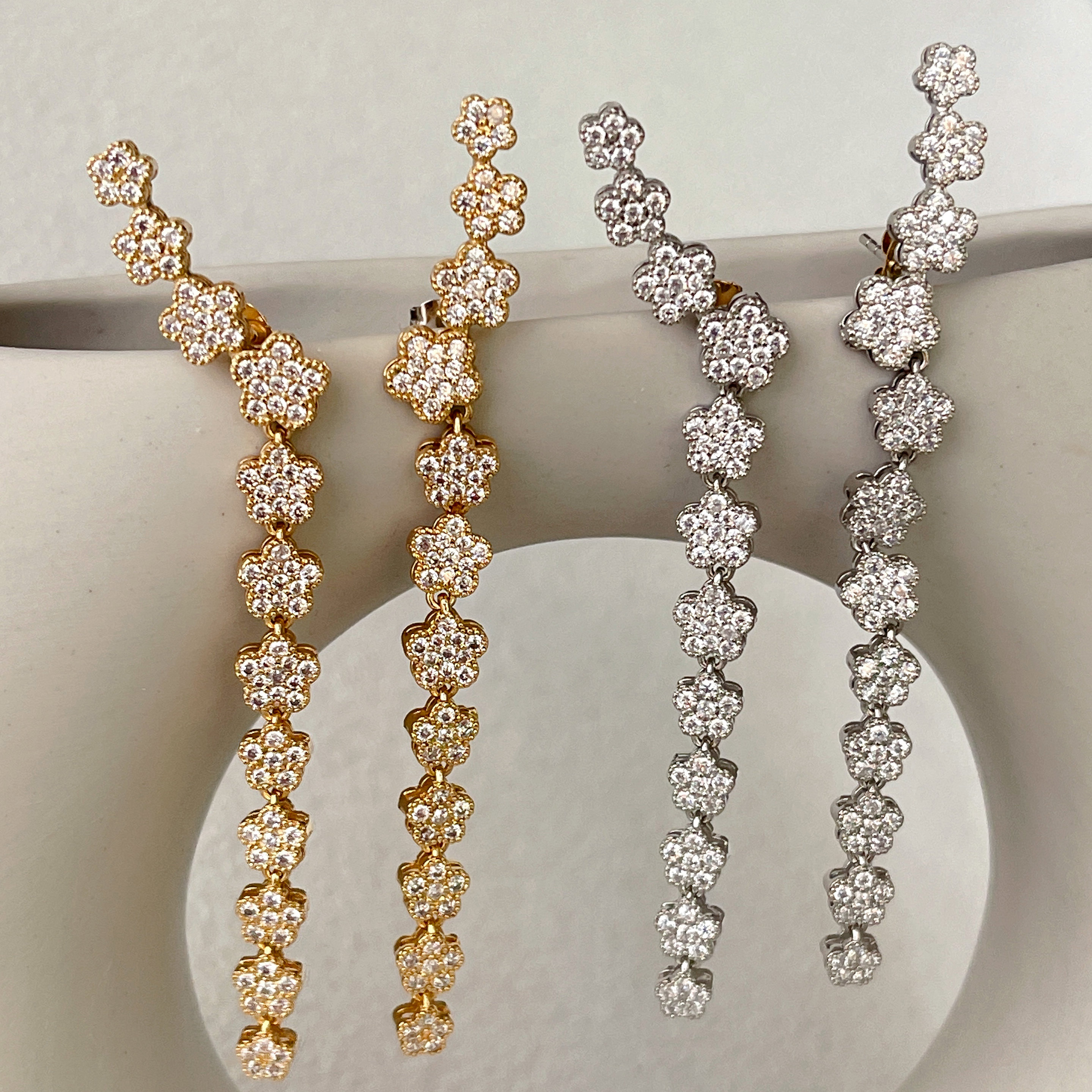 Long Zircon Flower Earrings