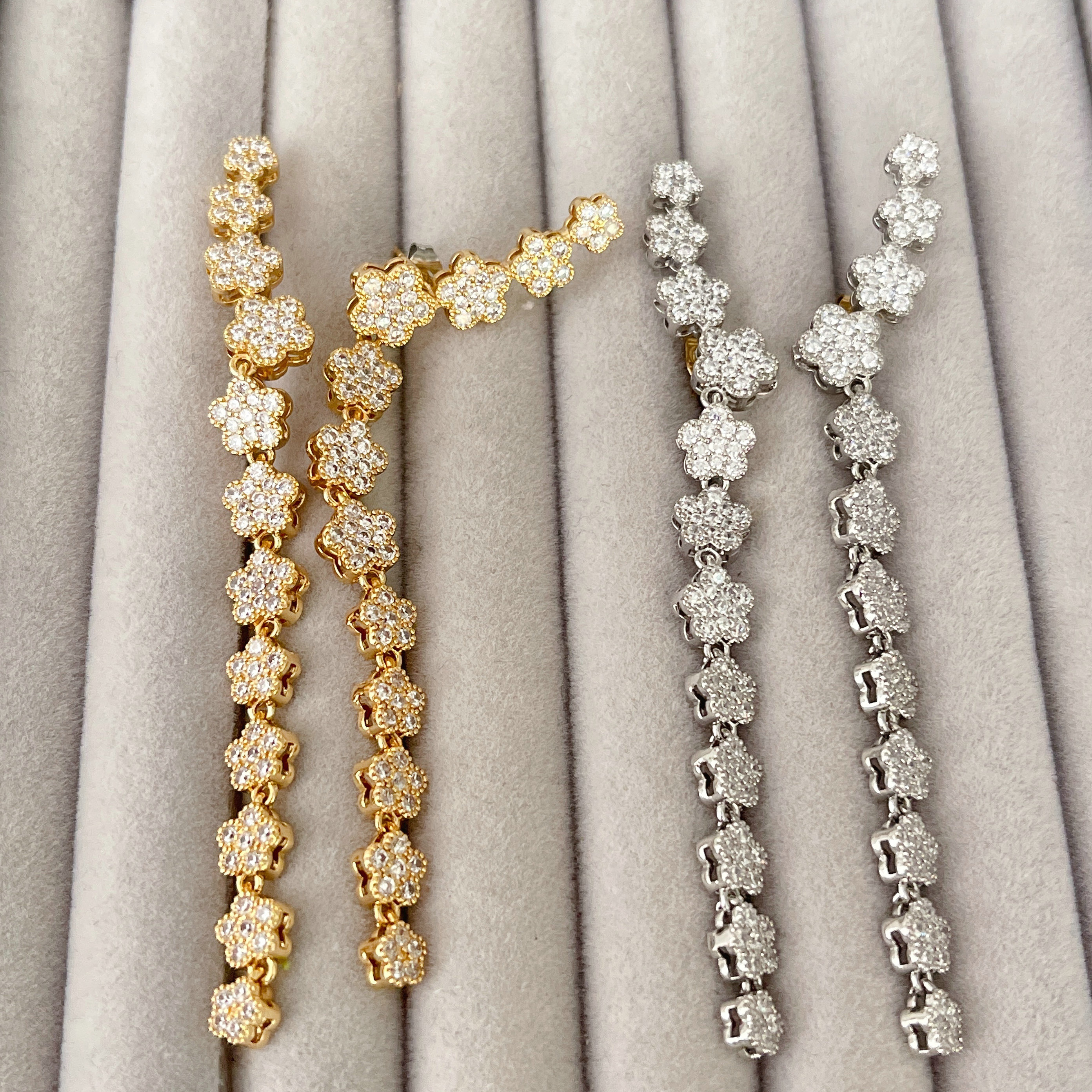 Long Zircon Flower Earrings
