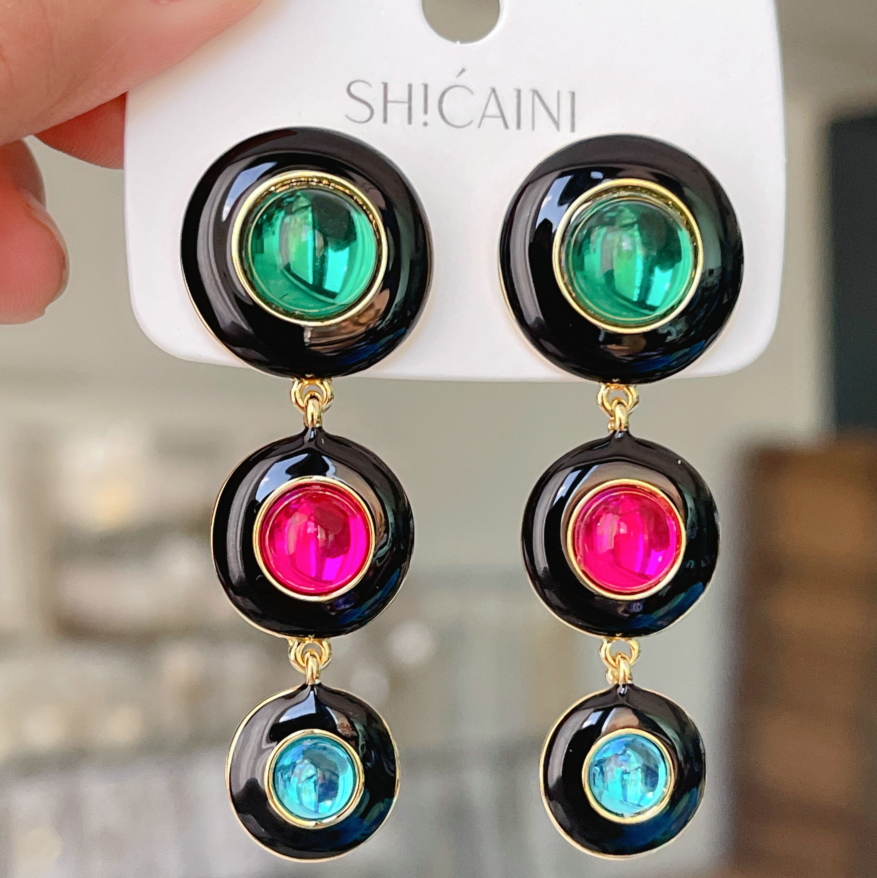 Black Enamel Long Round Earrings