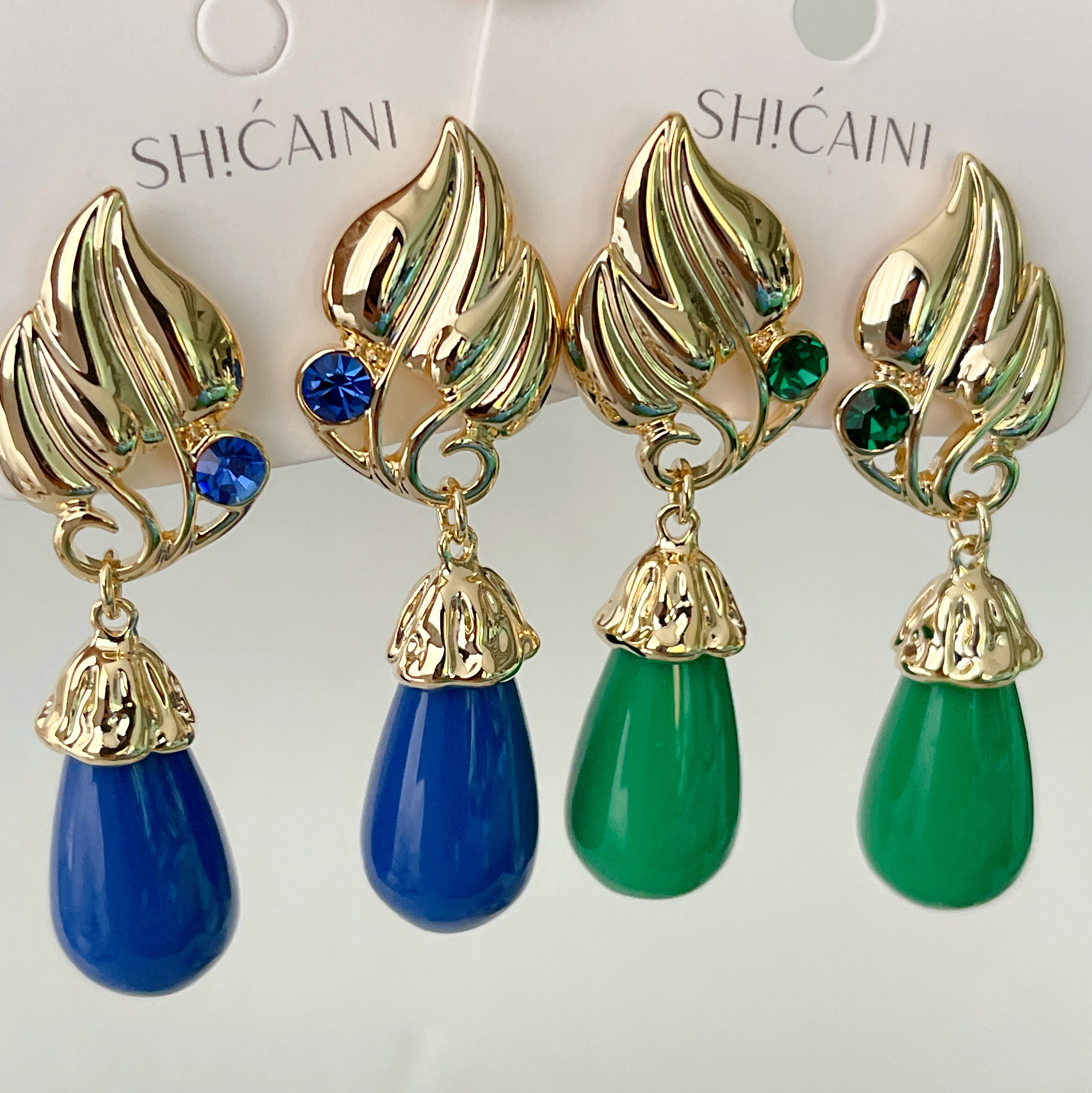 Leaf Earrings With Water-Drop Gemstone Pendant