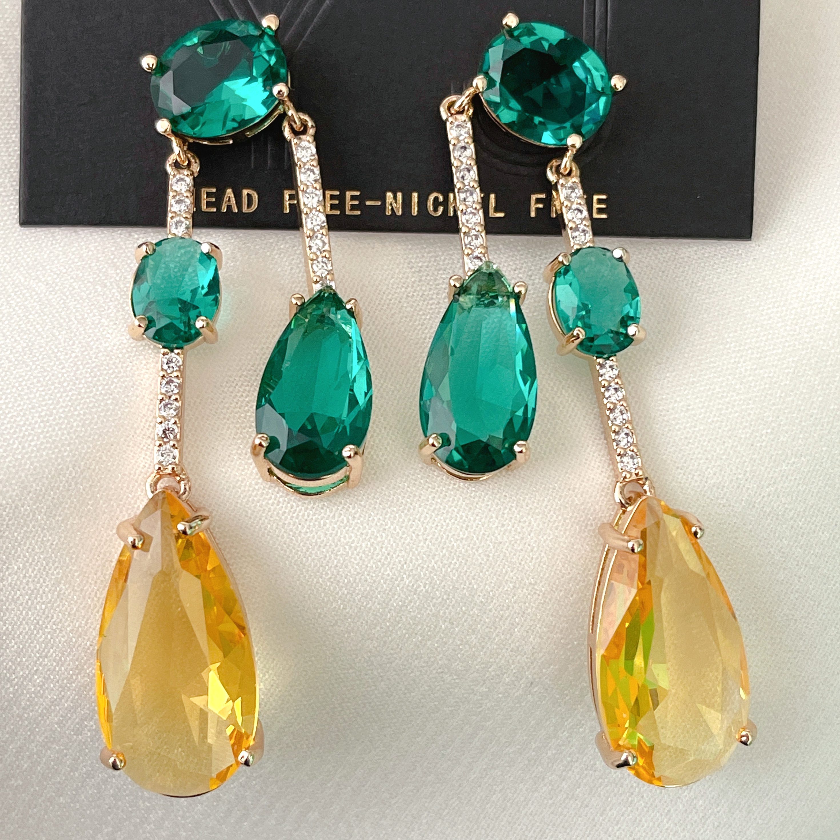 Pave Yellow and Green Stone Earrings