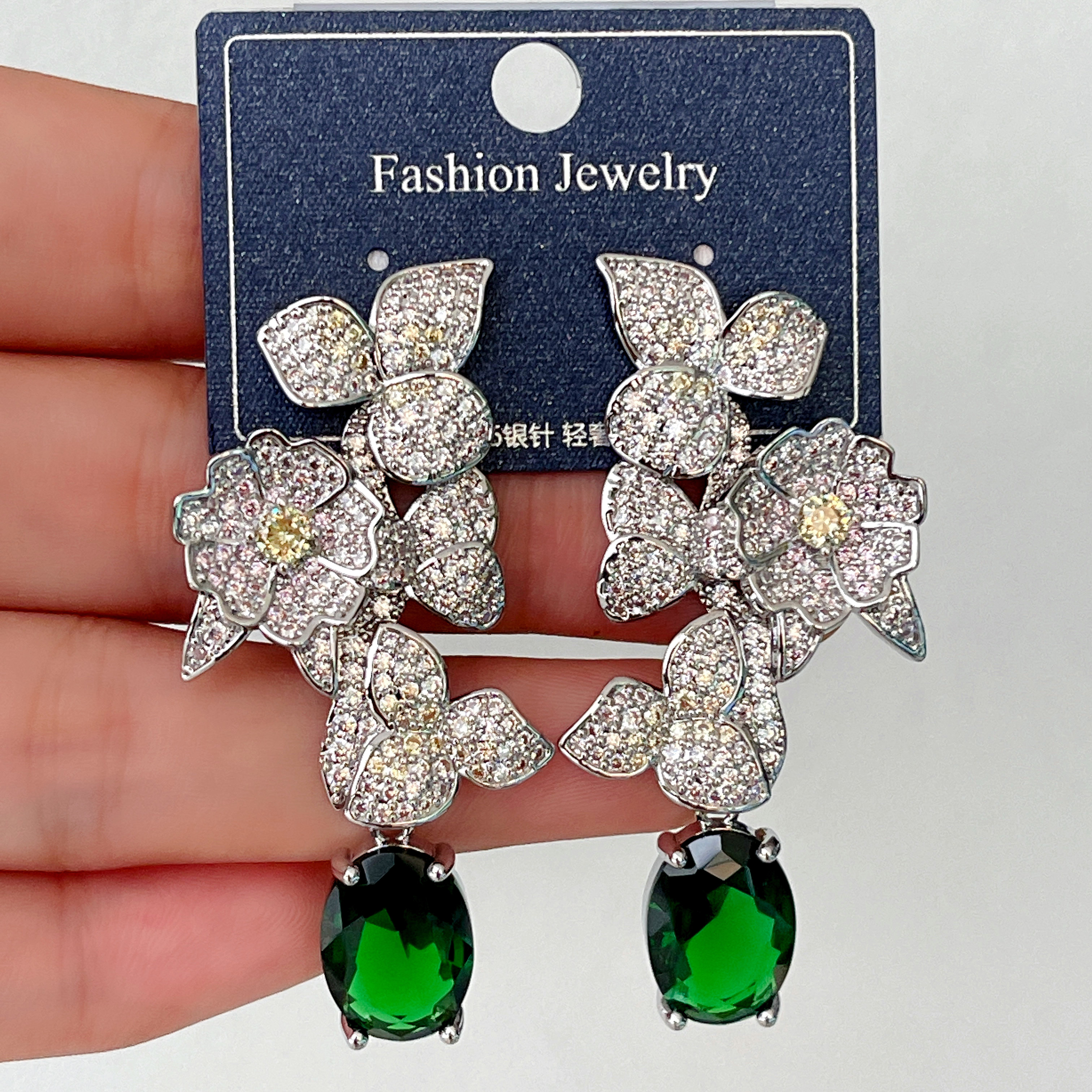 Zircon Flower Earrings With Green Pendant