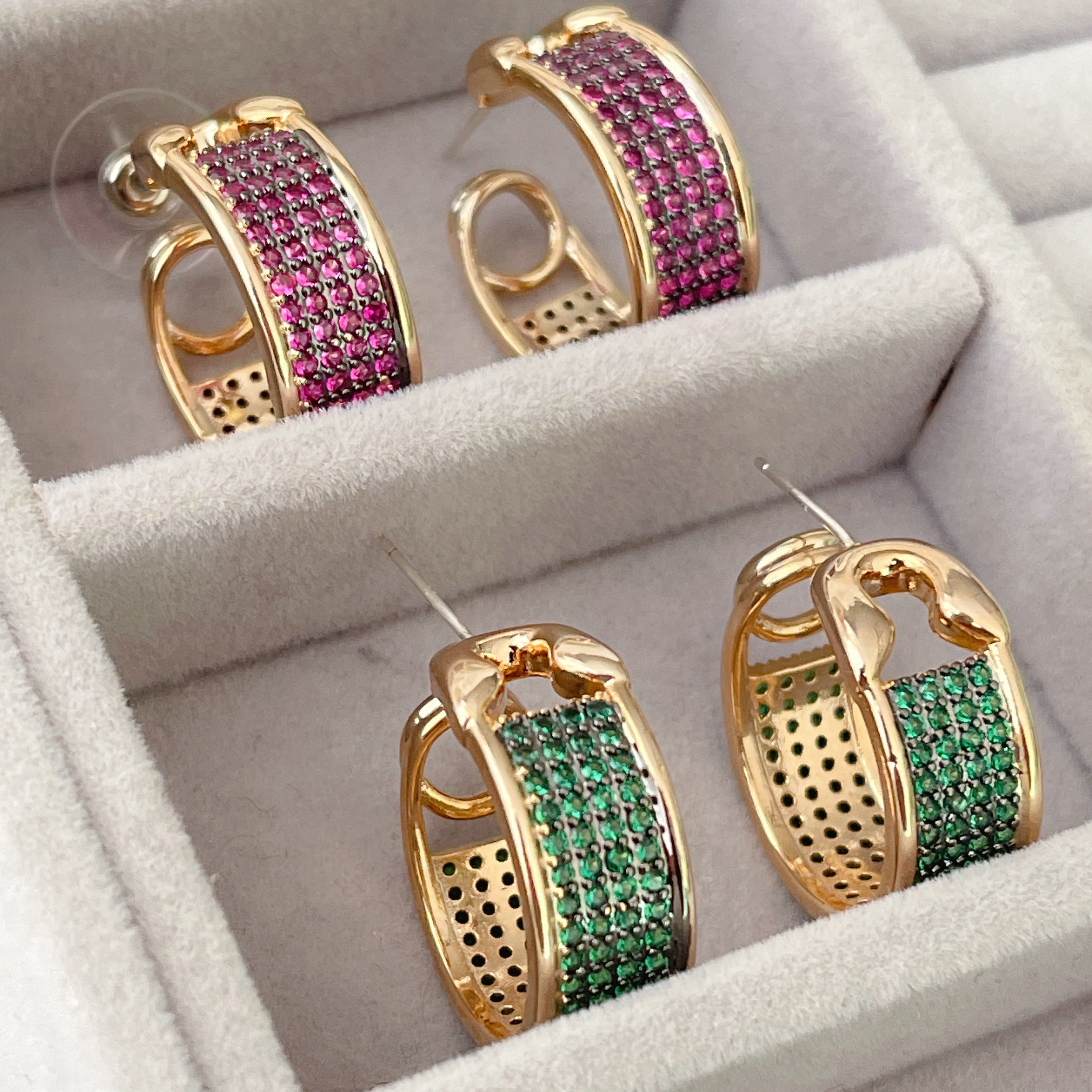 Green/Red Zircon Pin Hoop Earrings