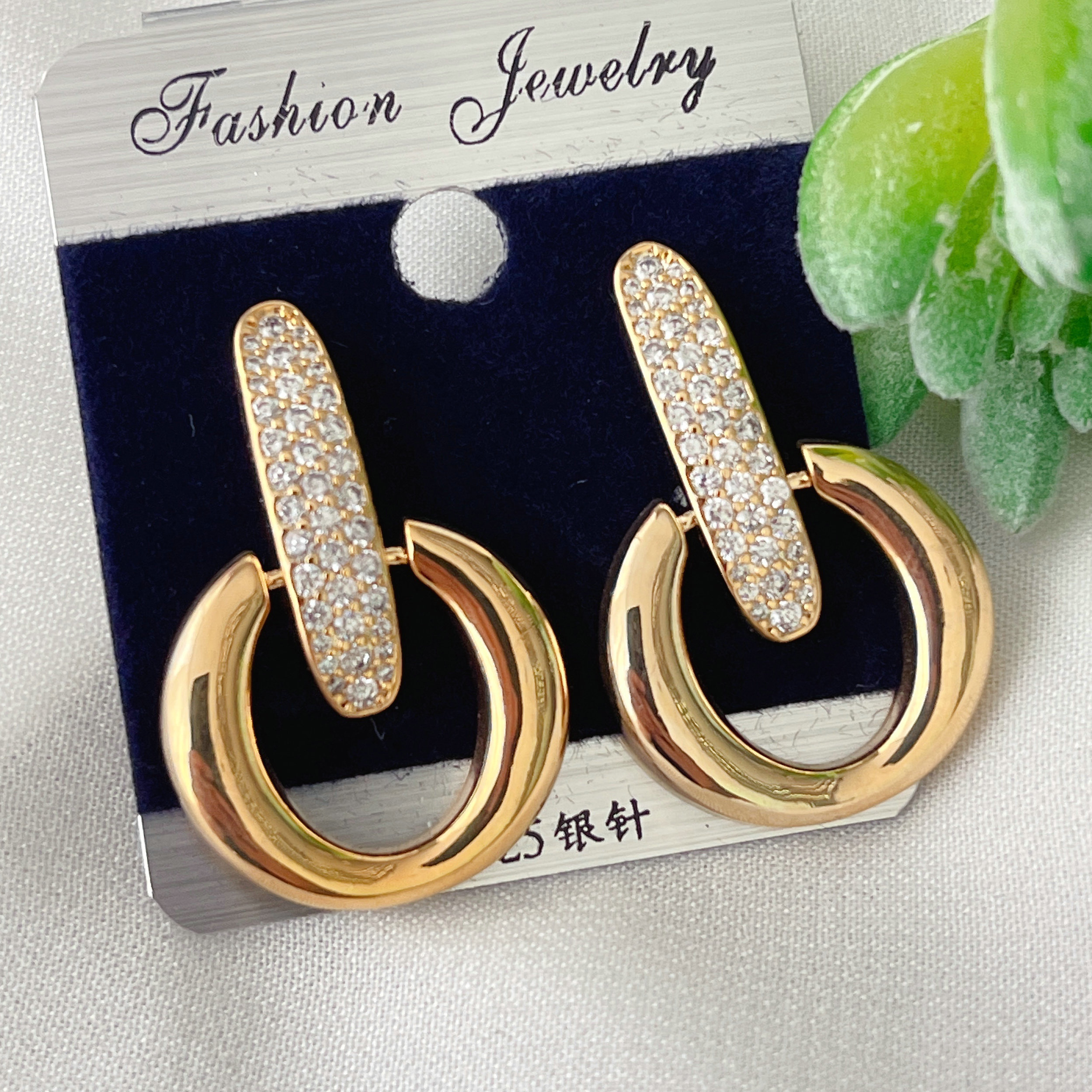 Gold Metal With Zircon Top Earrings