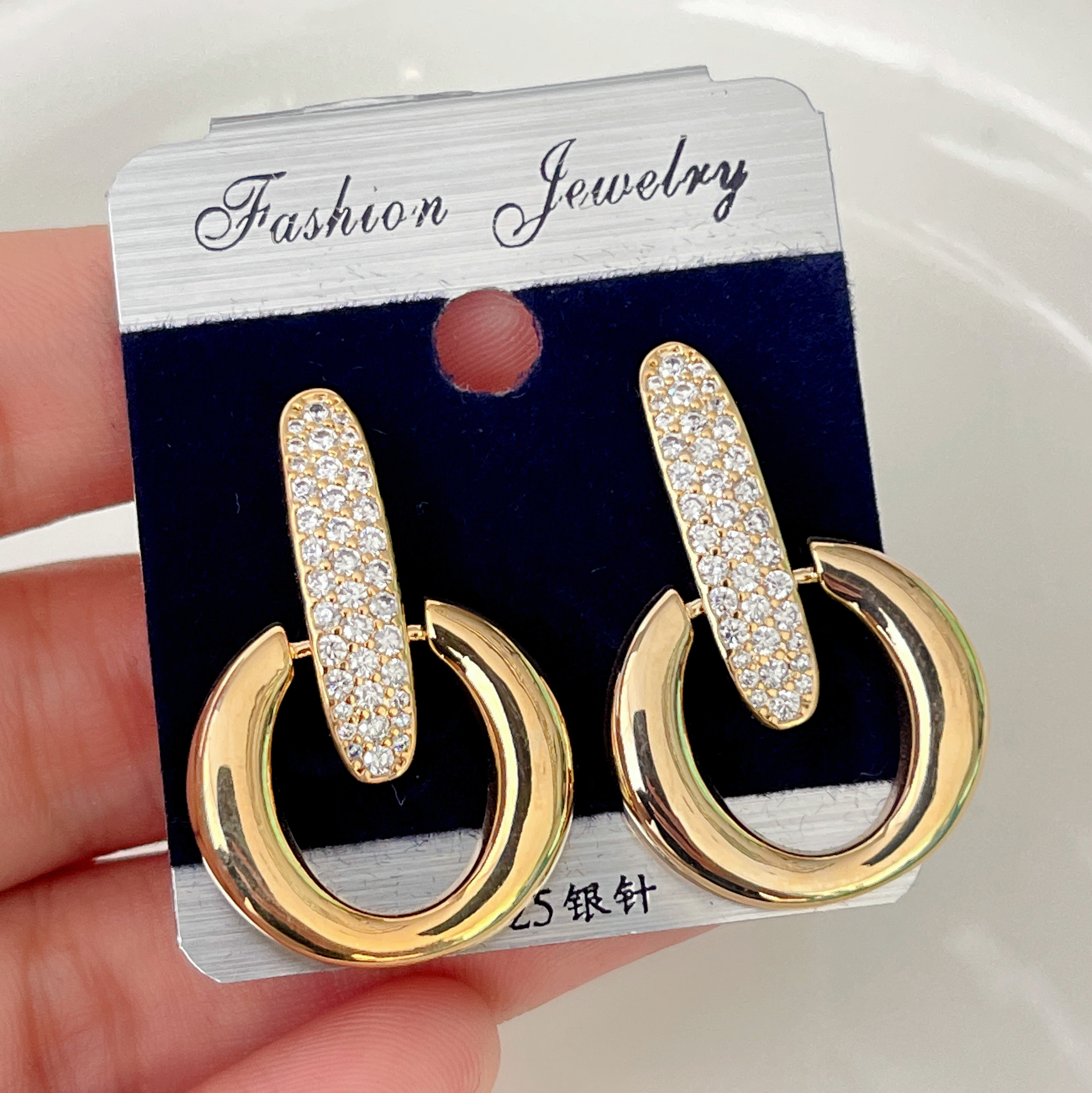 Gold Metal With Zircon Top Earrings