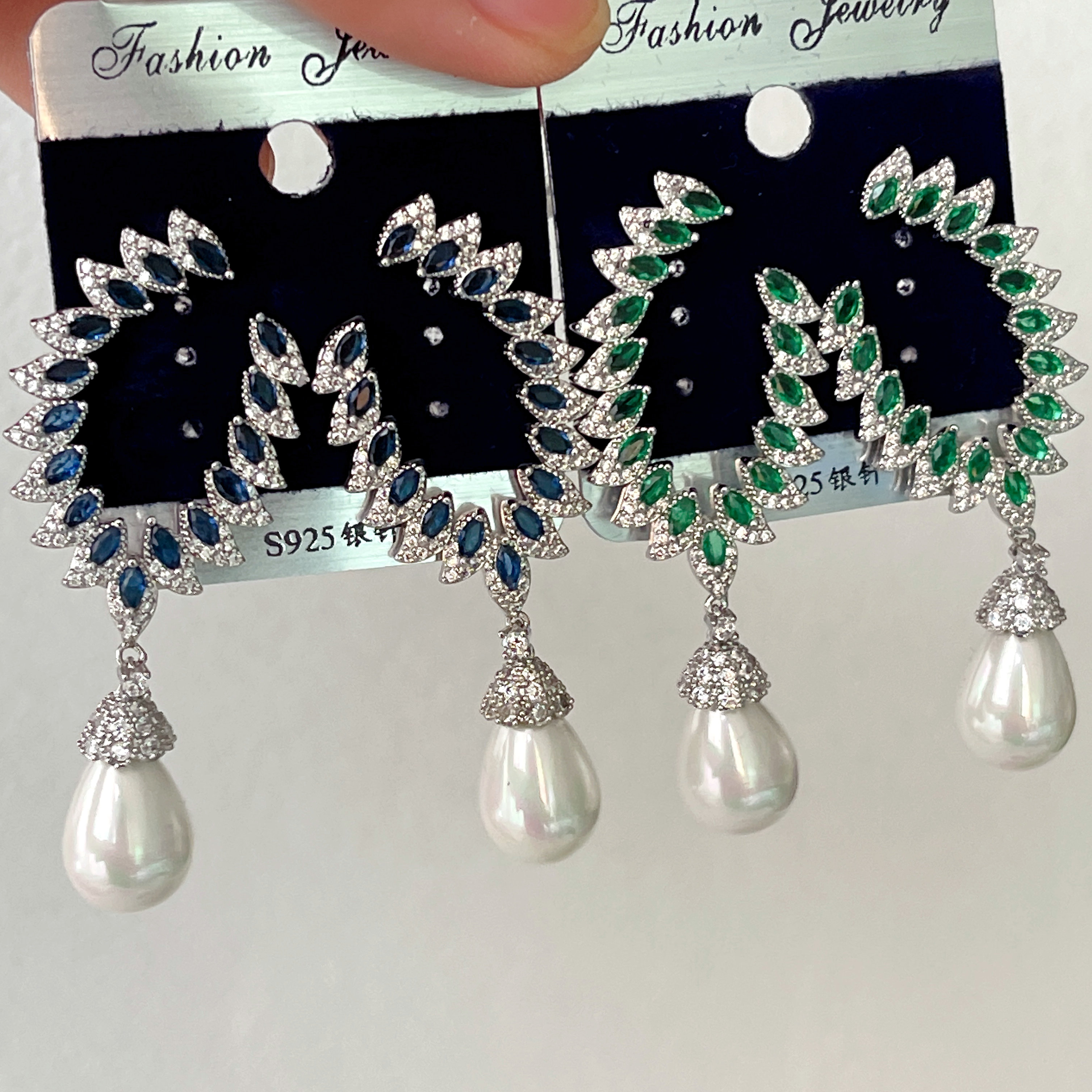 Green/Blue Zircon Leaf Earrings With Pearl Charm
