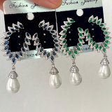 Green/Blue Zircon Leaf Earrings With Pearl Charm