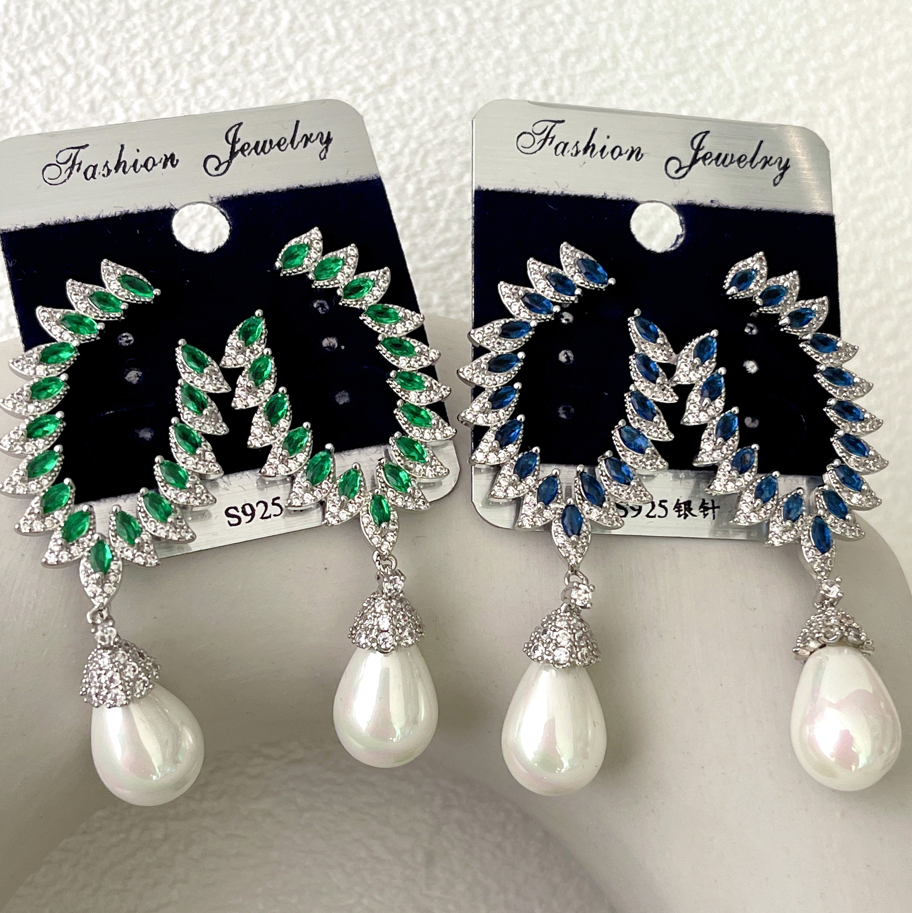 Green/Blue Zircon Leaf Earrings With Pearl Charm