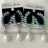Green/Blue Zircon Leaf Earrings With Pearl Charm