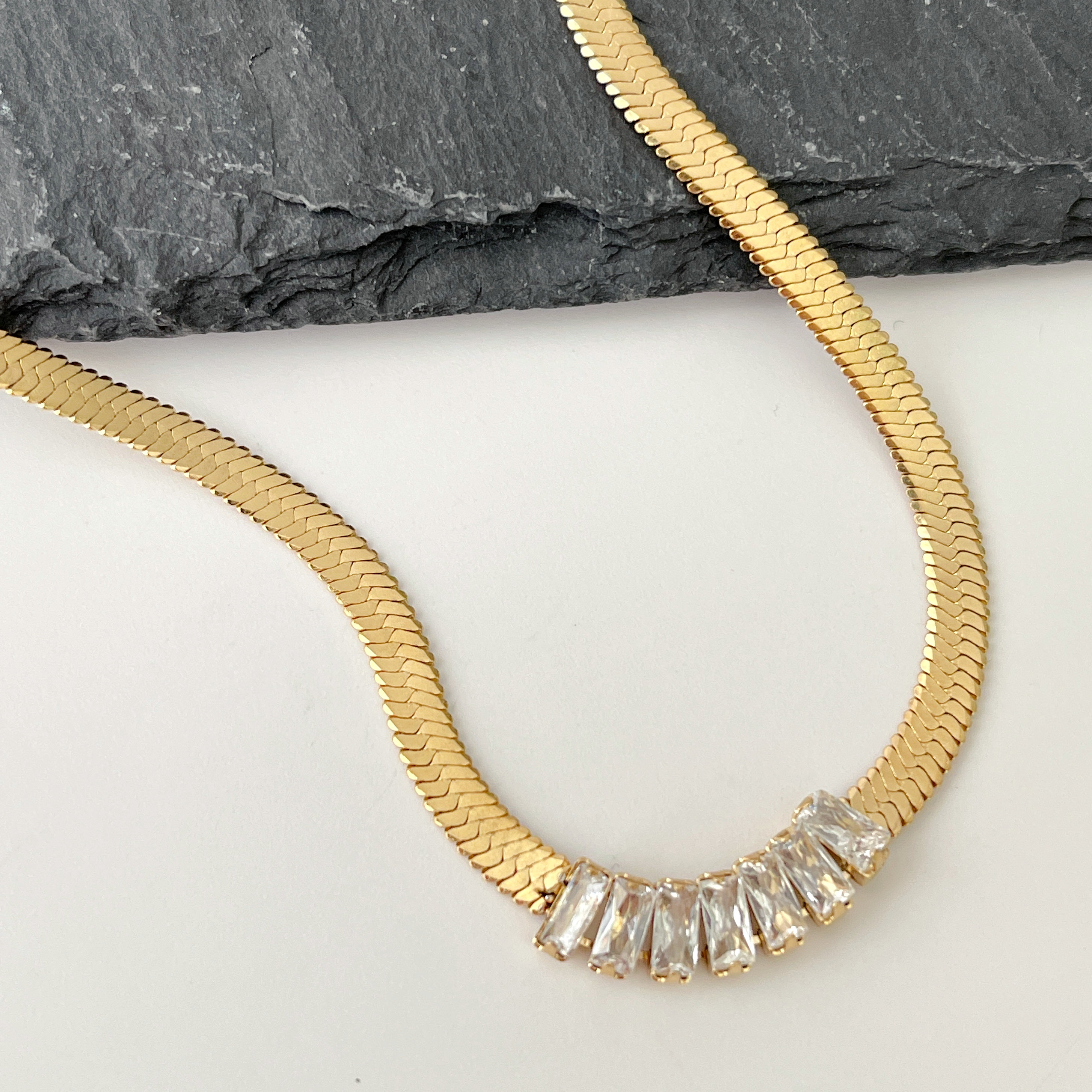 Stainless Steel Herringbone Necklace With Clear Pave Charm