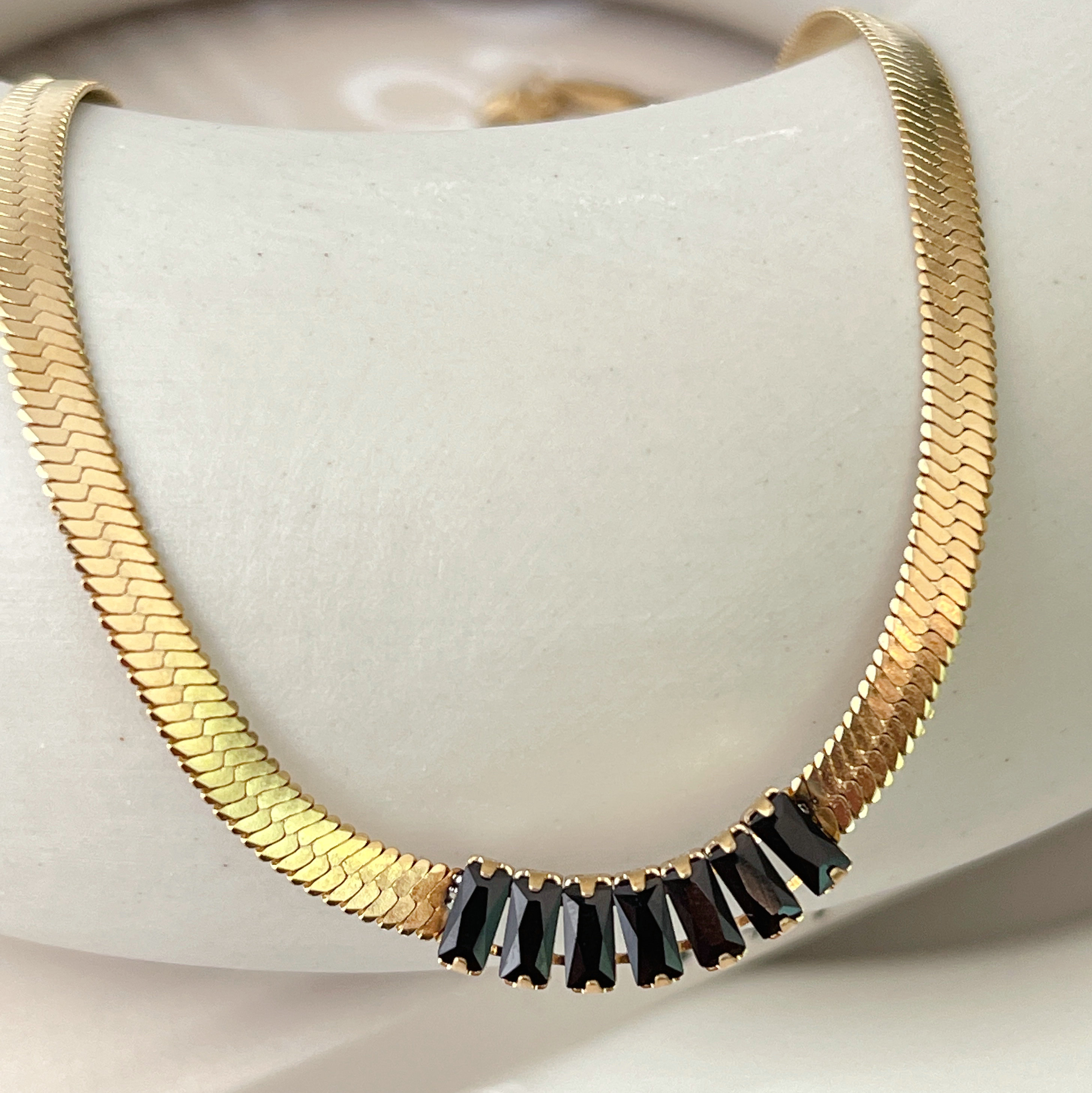 Stainless Steel Herringbone Necklace With Black Charm