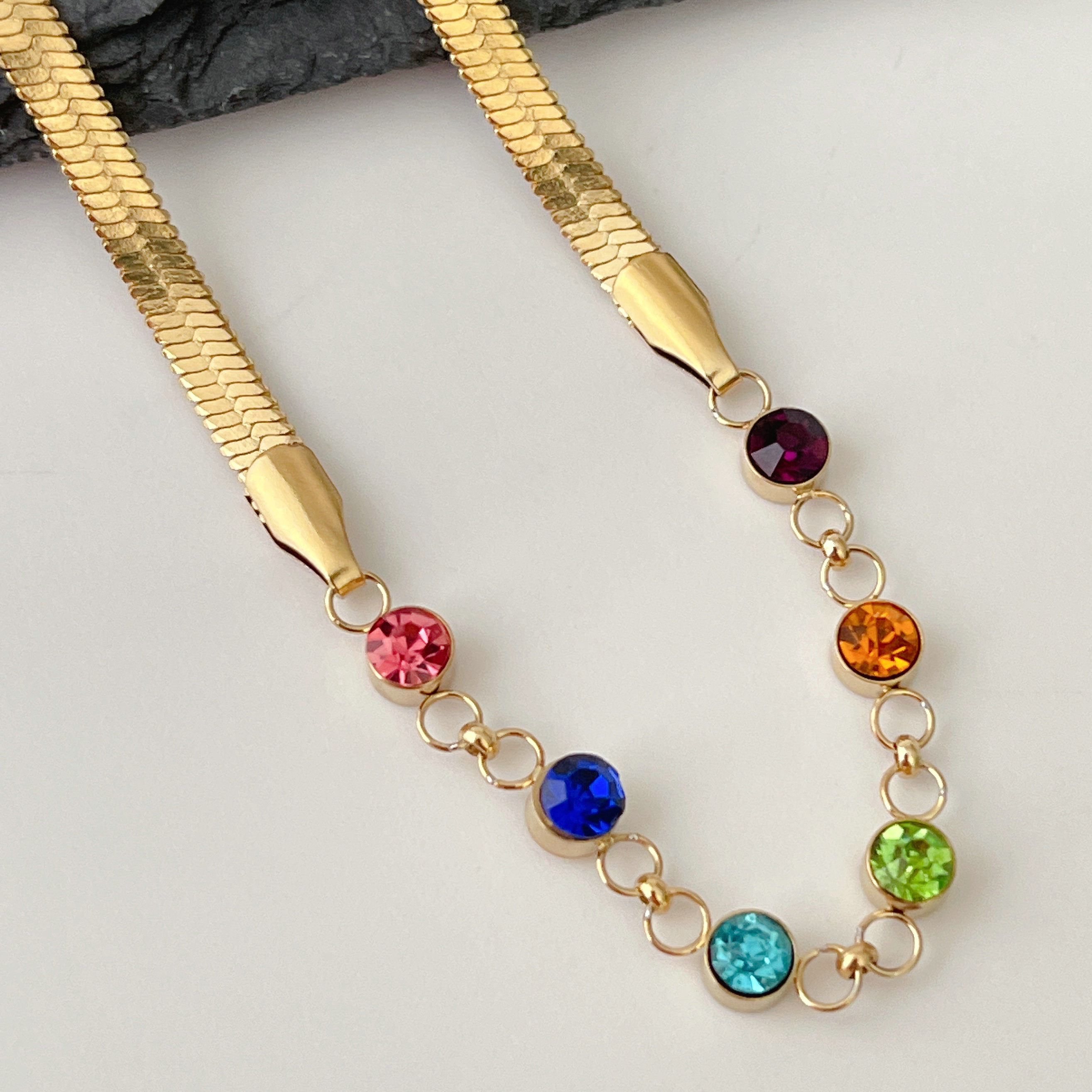 Stainless Steel Herringbone Colorful Necklace