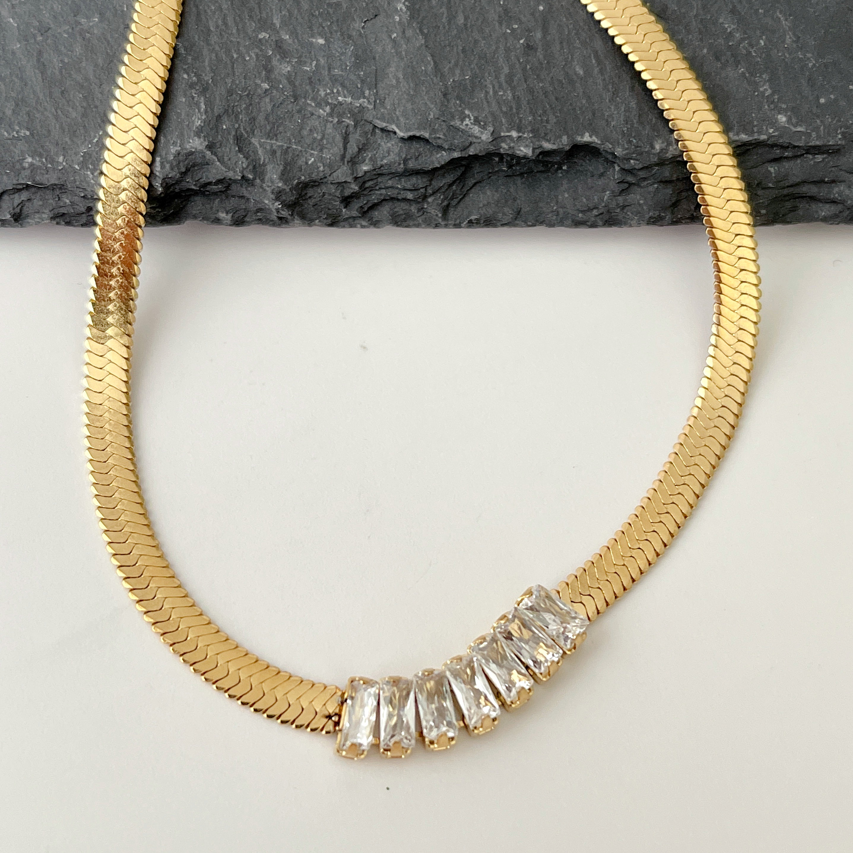 Stainless Steel Herringbone Necklace With Clear Pave Charm