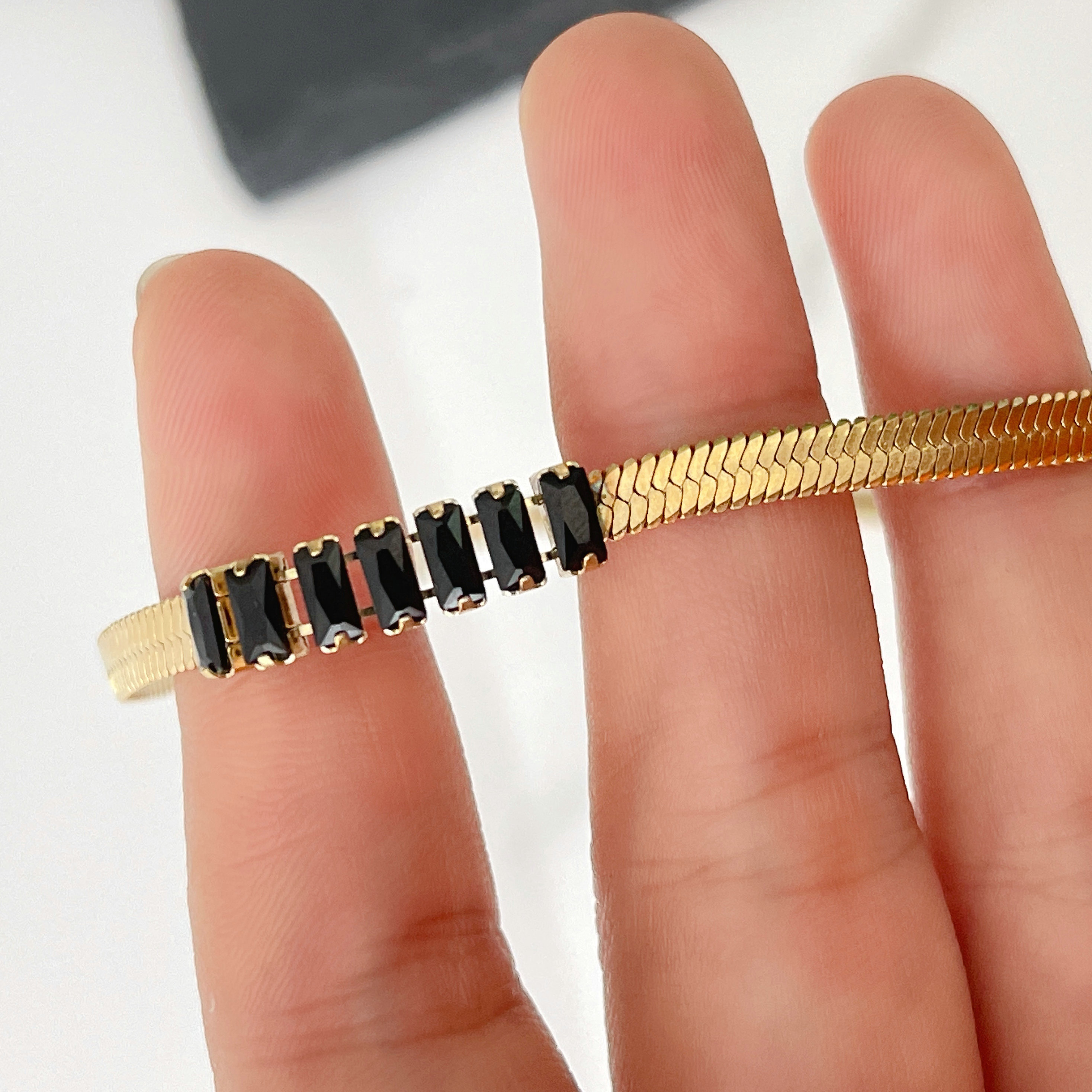 Stainless Steel Herringbone Necklace With Black Charm