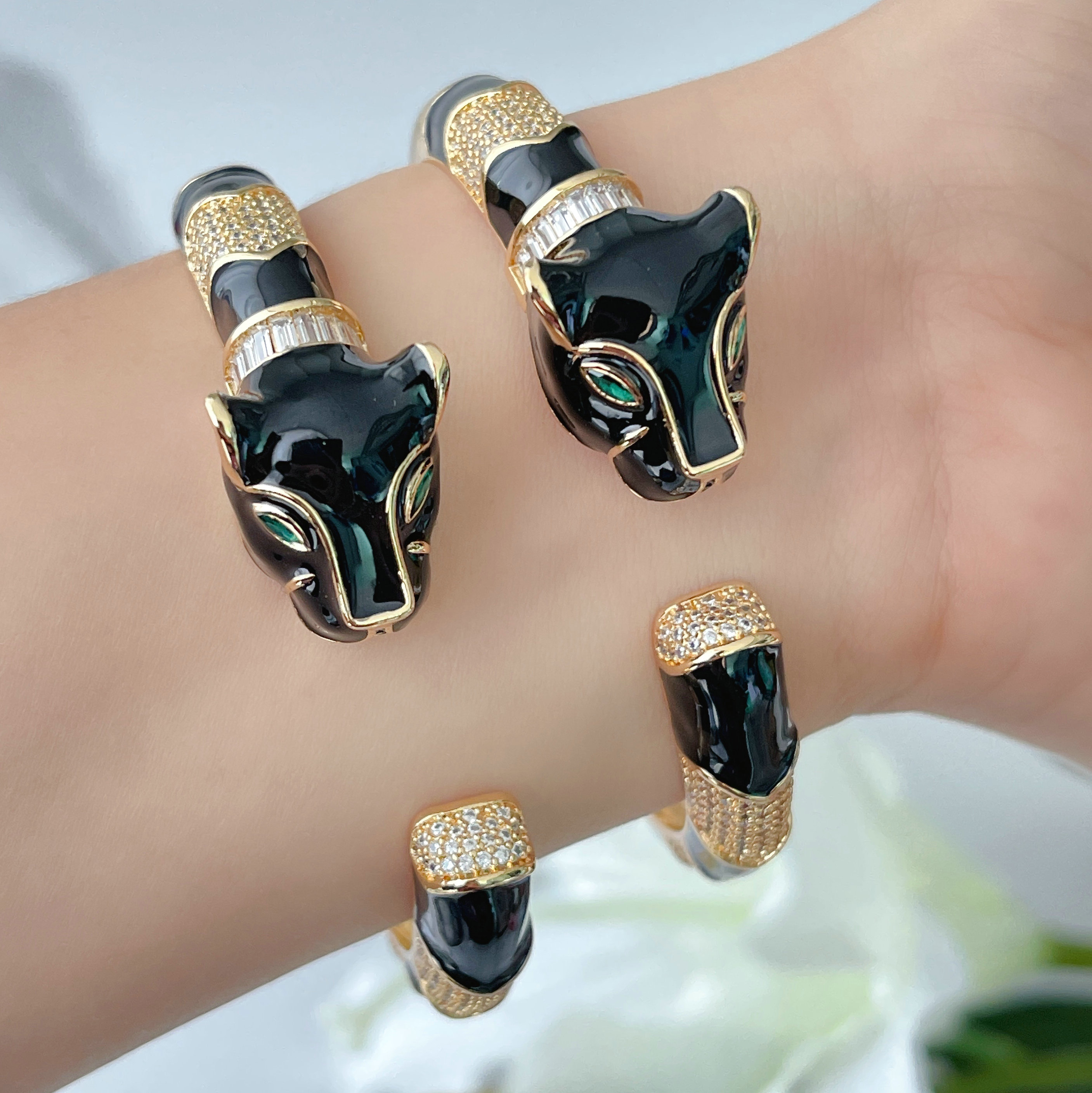 Pave Black Enamel Tiger Bangle