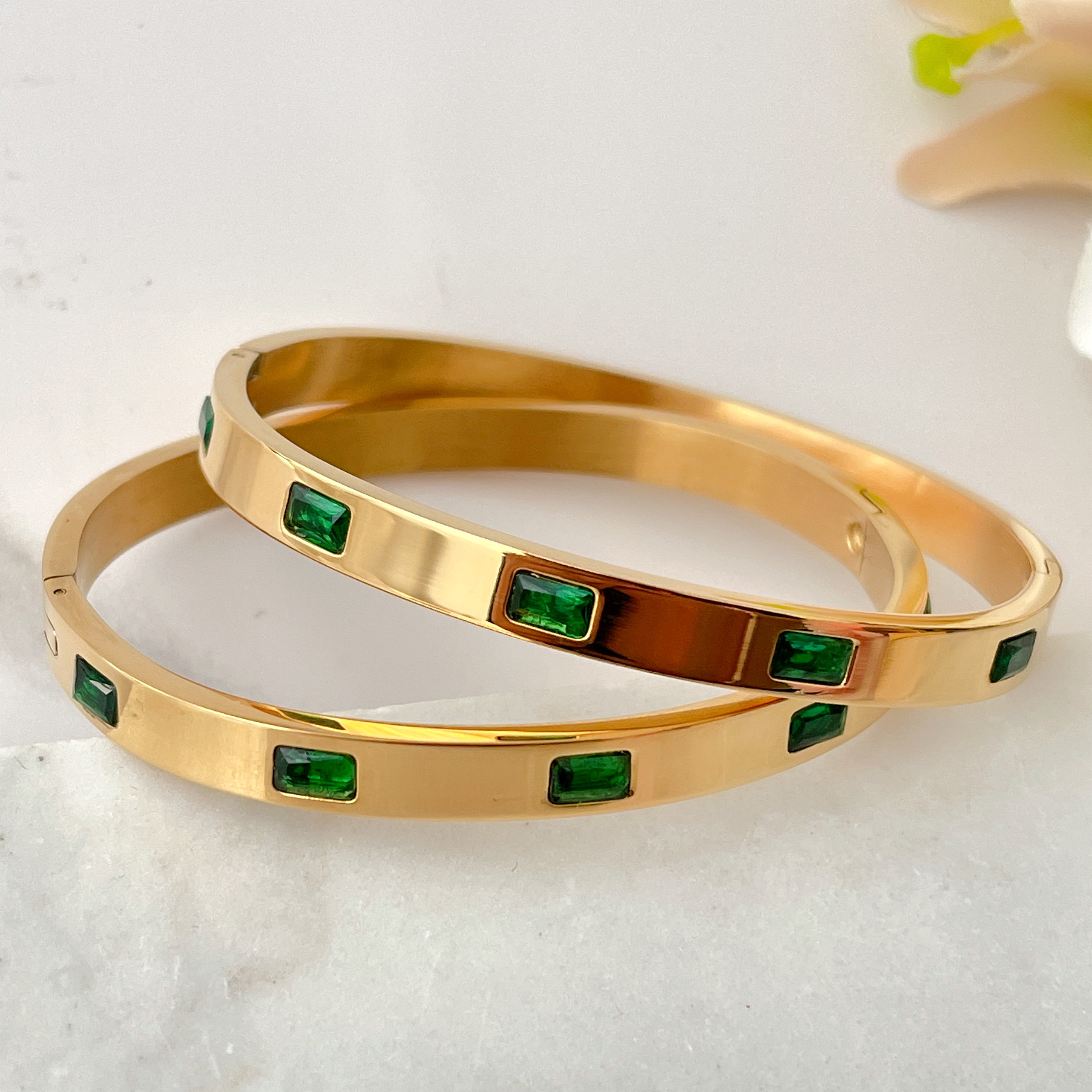 Stainless Steel Green Stone Cuff