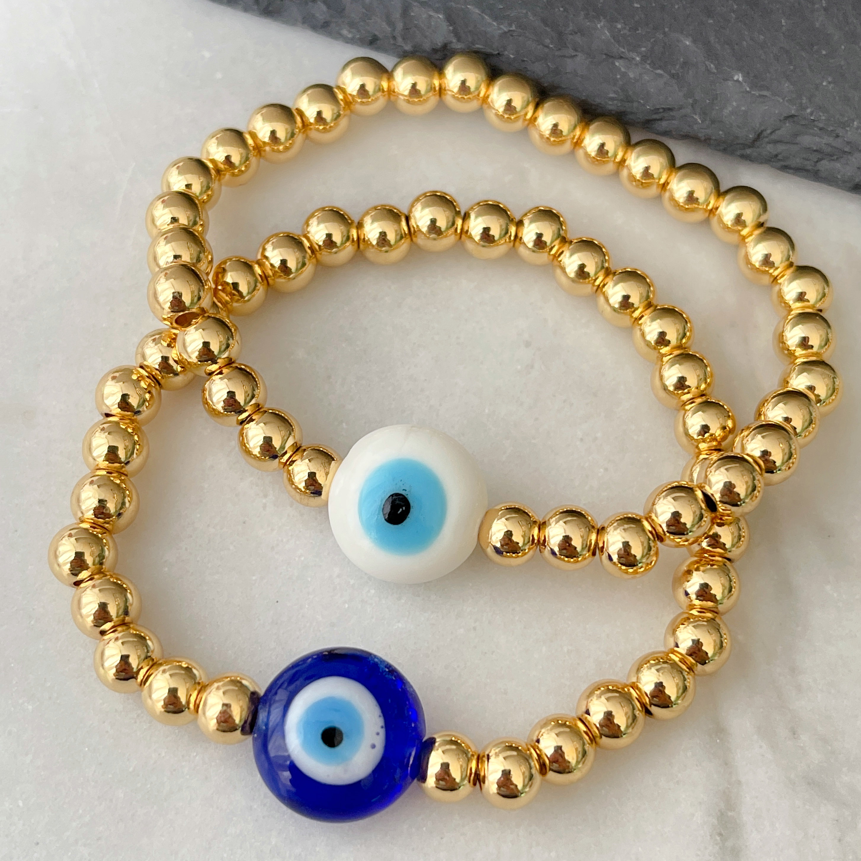 Blue / White Evil Eye Gold Beaded Elastic Bracelet