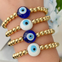 Blue / White Evil Eye Gold Beaded Elastic Bracelet